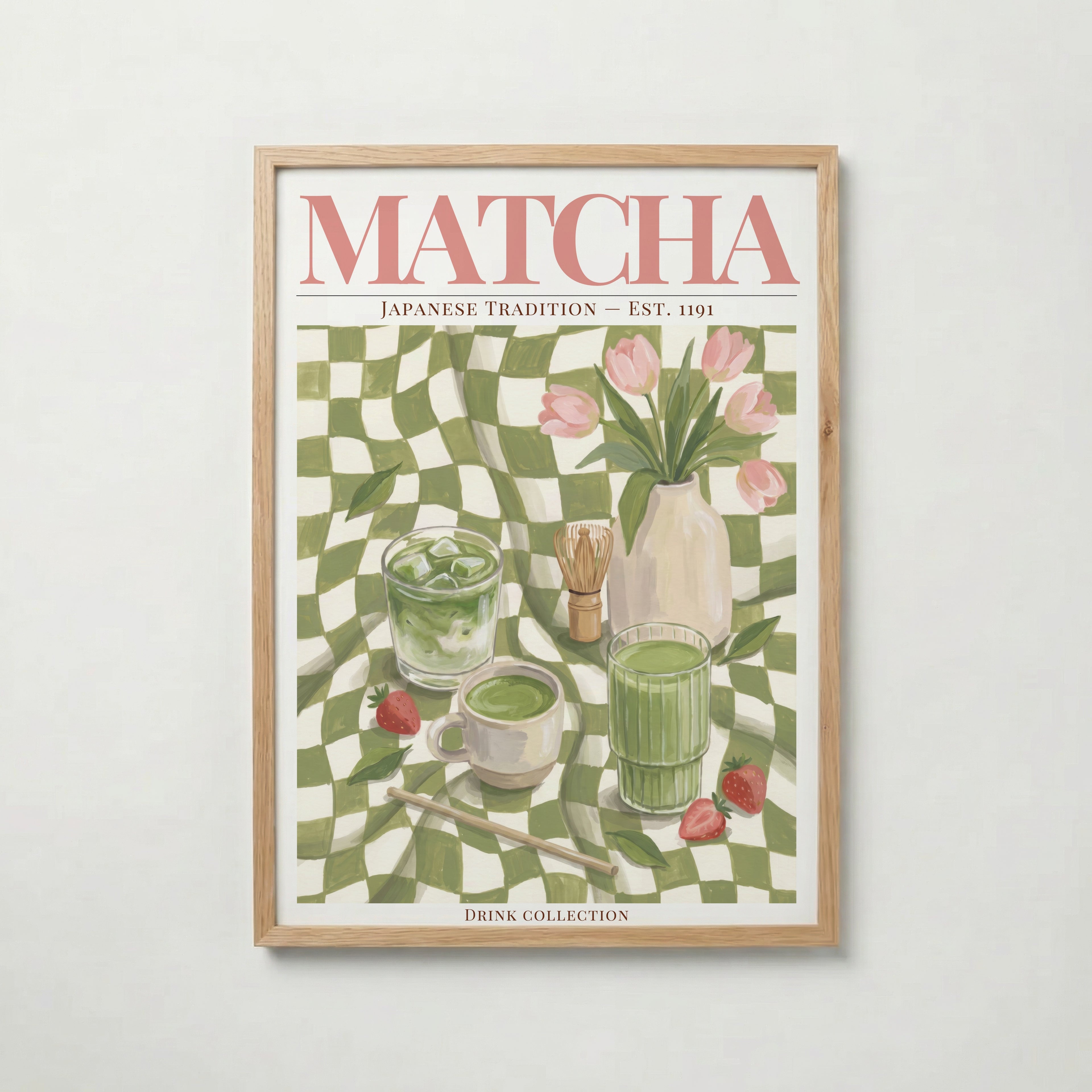Matcha poster inramad i ljus ekram med naturligt träutseende – från Bozetto i hög tryckkvalitet