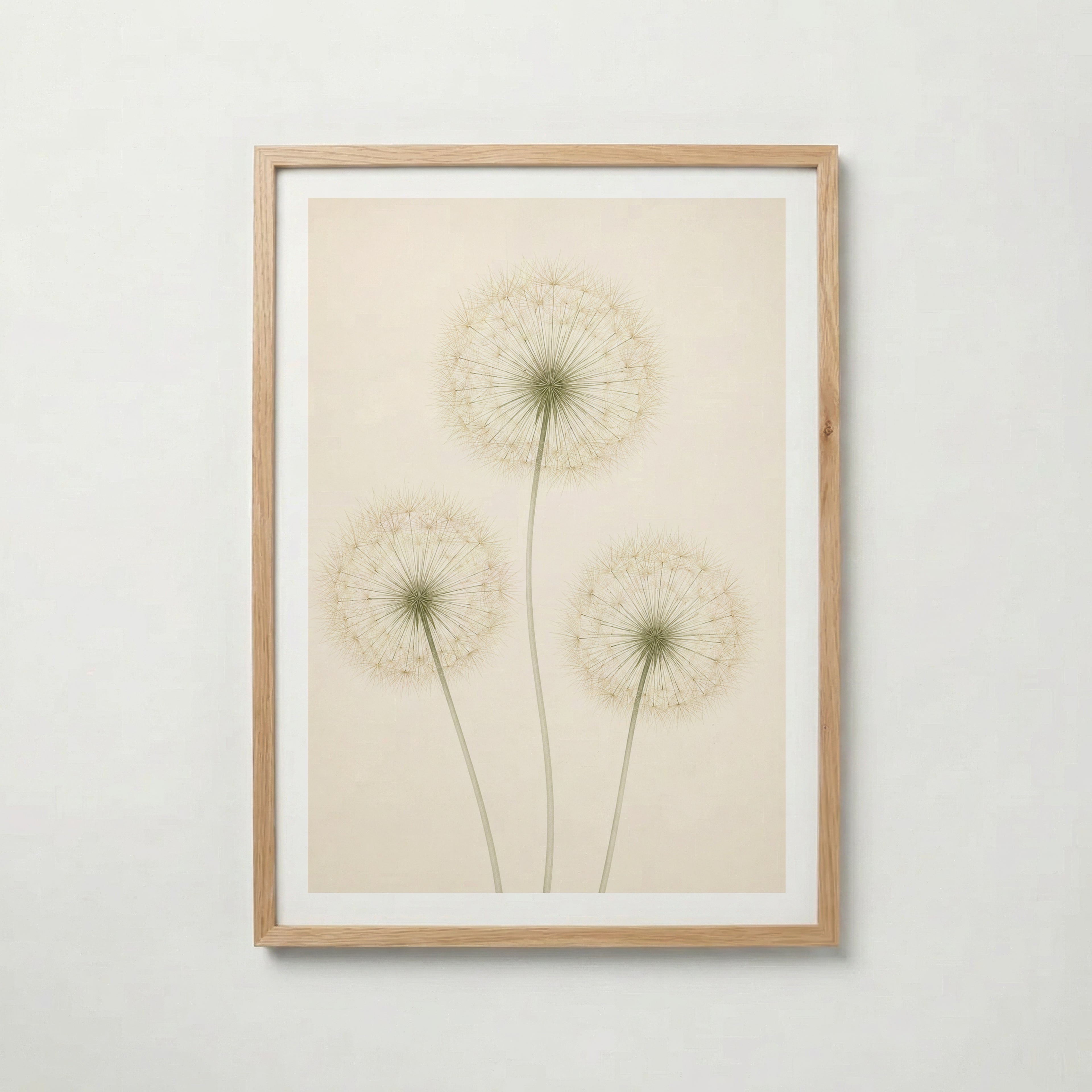 Quiet Dandelion Trio i ekram med ljust trä – köp enkelt hos Bozetto affisch i hög kvalitet
