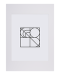 Minimalistisk svart geometrisk linjekonst med kvadrater, cirklar och kurvor arrangerade i ett rutnät på en vit bakgrund, elegant inramad med Bozettos Innerram Vit och en vanlig vit matta.