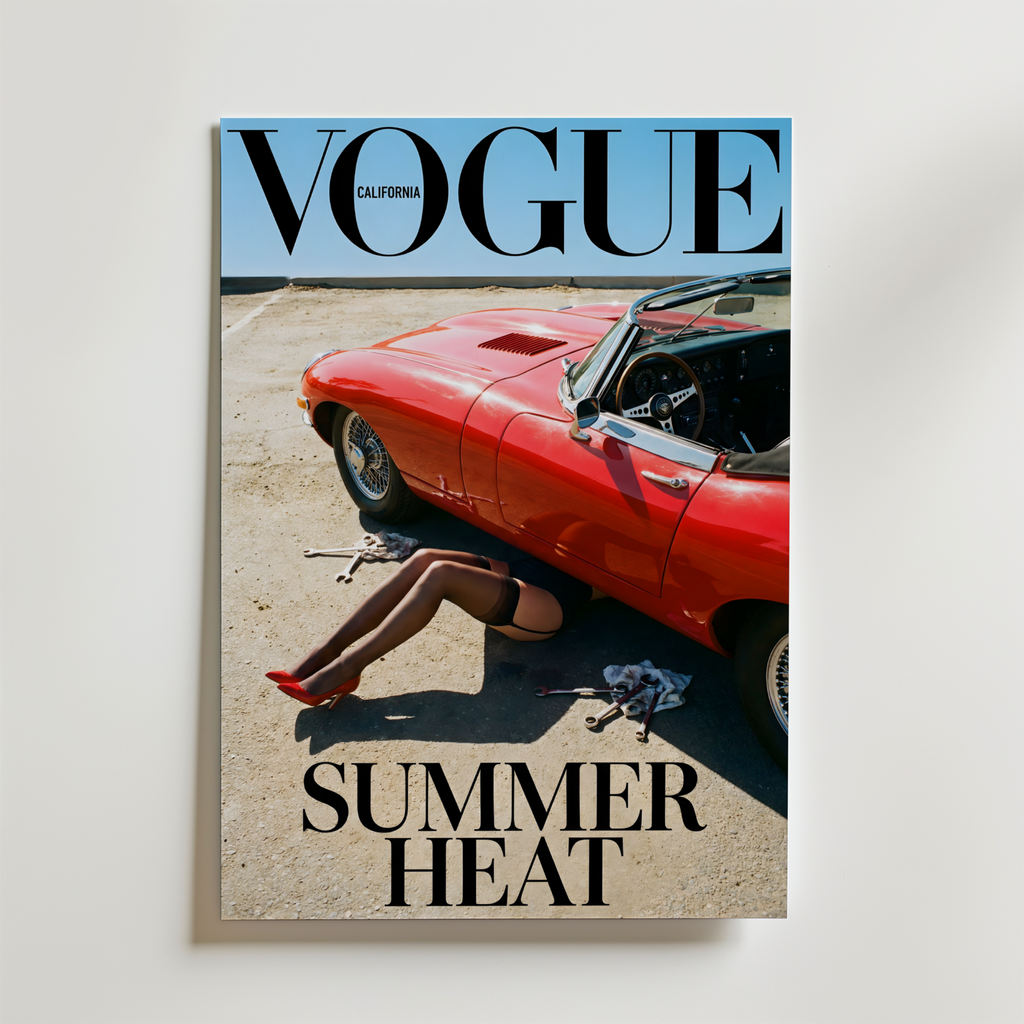 Vogue Summer Heat Poster – En ikonisk och självsäker poster som kombinerar vintage bilkultur med modern