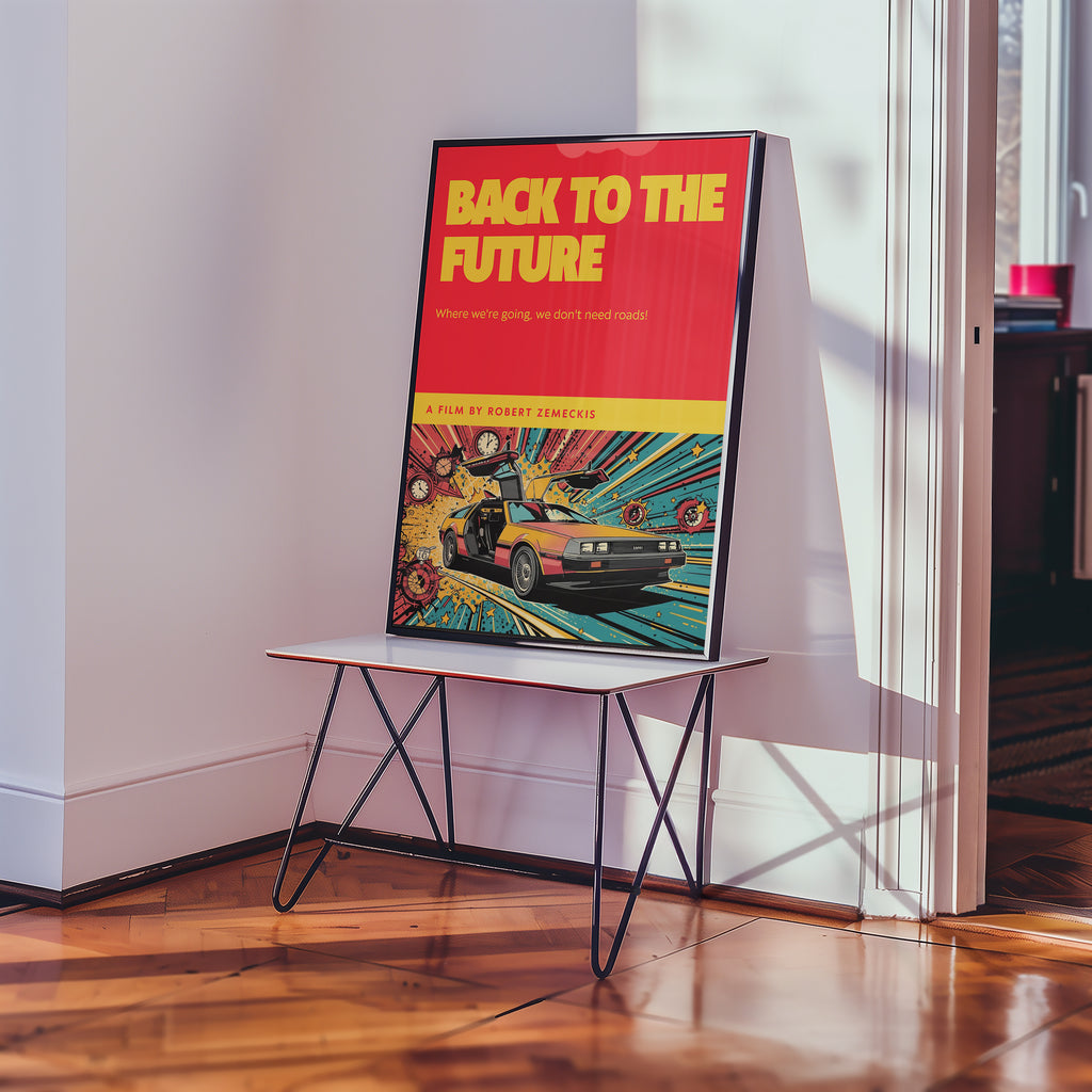 Back to the Future Poster mockup på vägg – inramad konstaffisch i interiör från Bozetto