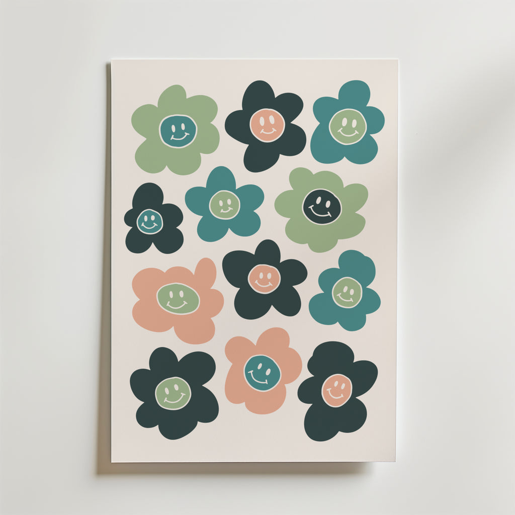 Bozetto Smiling Blossoms Poster föreställer 12 tecknade blommor i grönt, teal och persika med leende ansikten på gräddfärgat papper - perfekt för ett retro barnrum eller för att ge färgstark inredning till alla utrymmen.