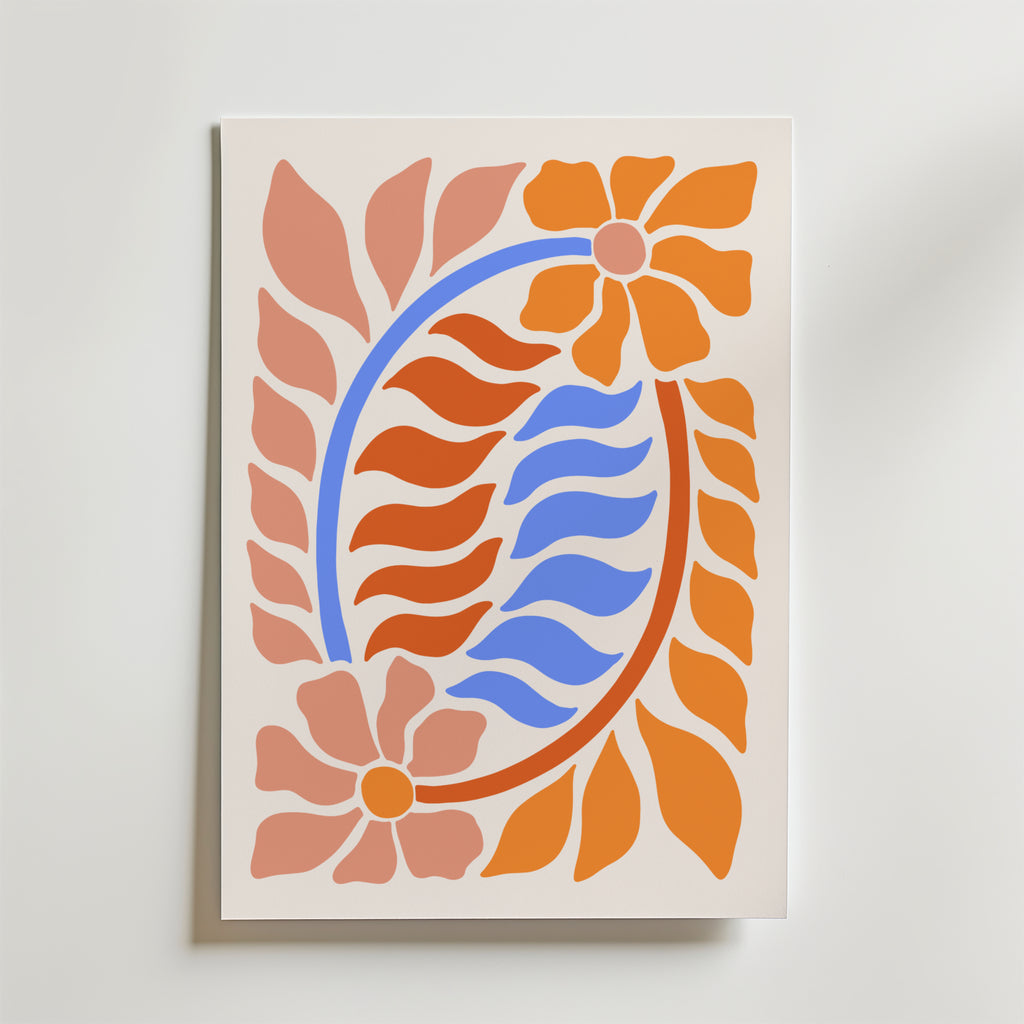 Tropical Flow Abstract Poster – En livfull komposition där bladformer i orange, blått och rosa dansar i symmetrisk