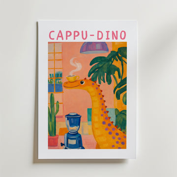 Cappu Dino Poster – Cappu Dino Poster är en lekfull och färgstark illustration som sprider glädje i rummet.