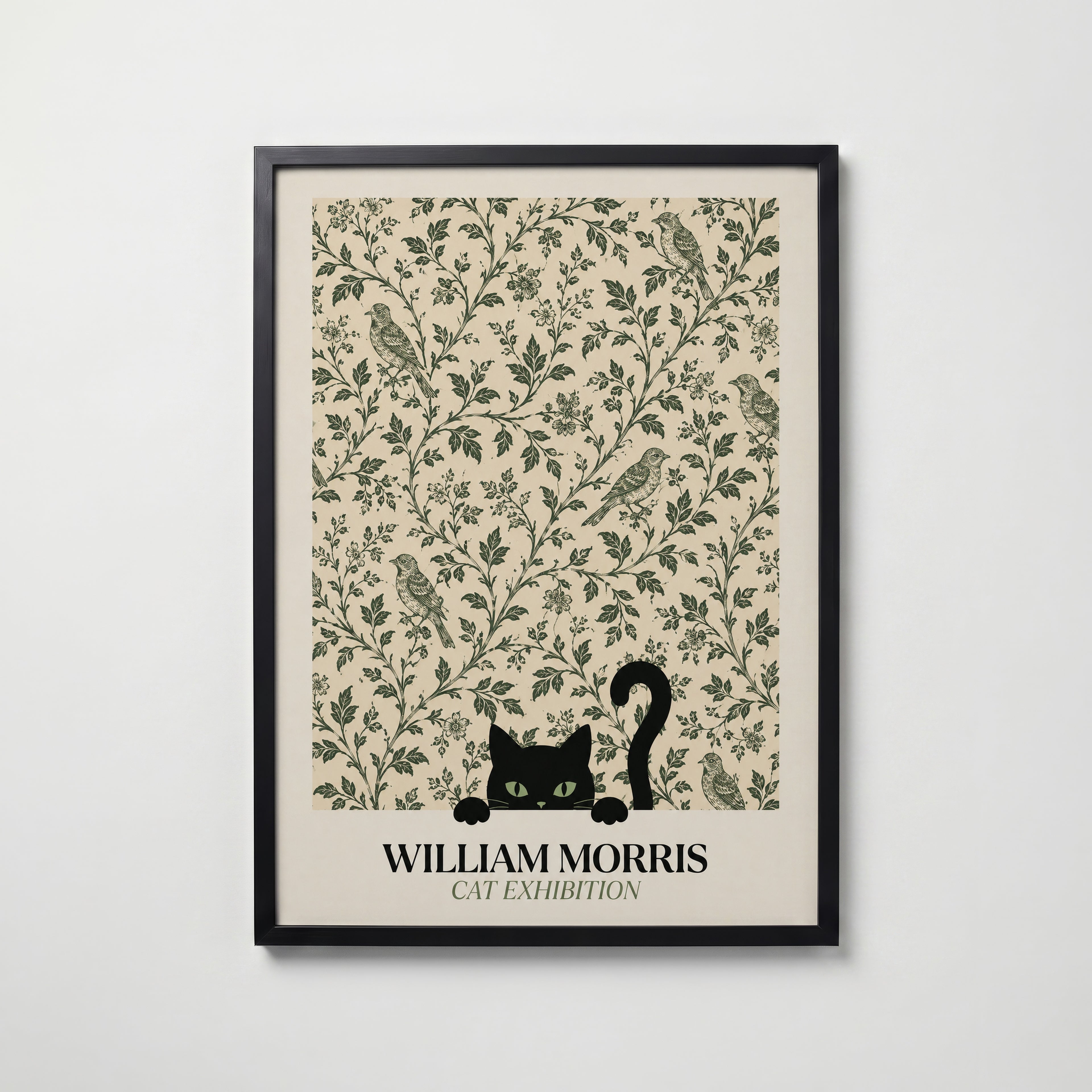 Cat Among the Birds William Morris Poster – svart katt kikar nyfiket fram ur William Morris fågelmönster