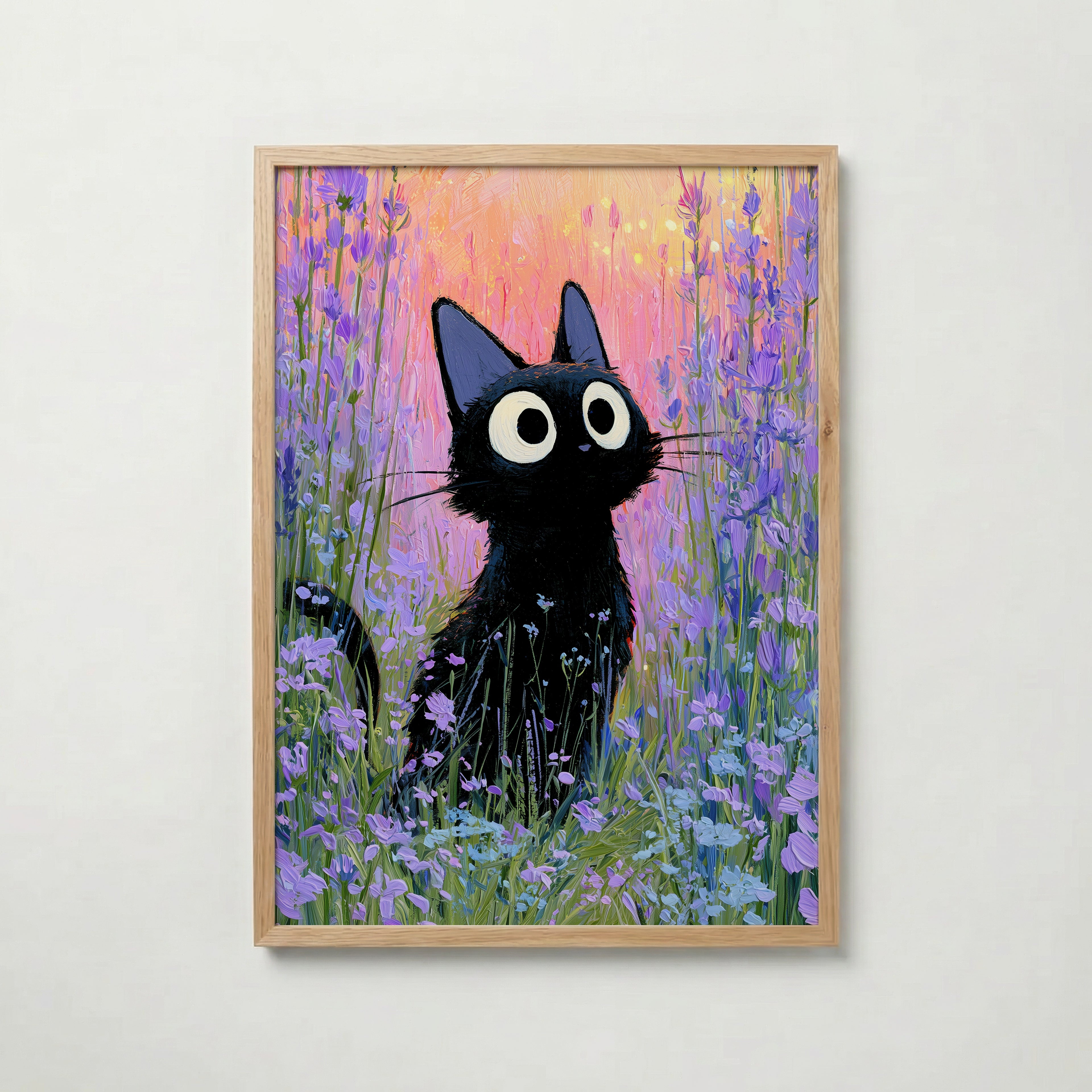 Cat in Violette Meadow Poster – svart katt i lavendeläng i skymning i ekram, väggkonst från Bozetto