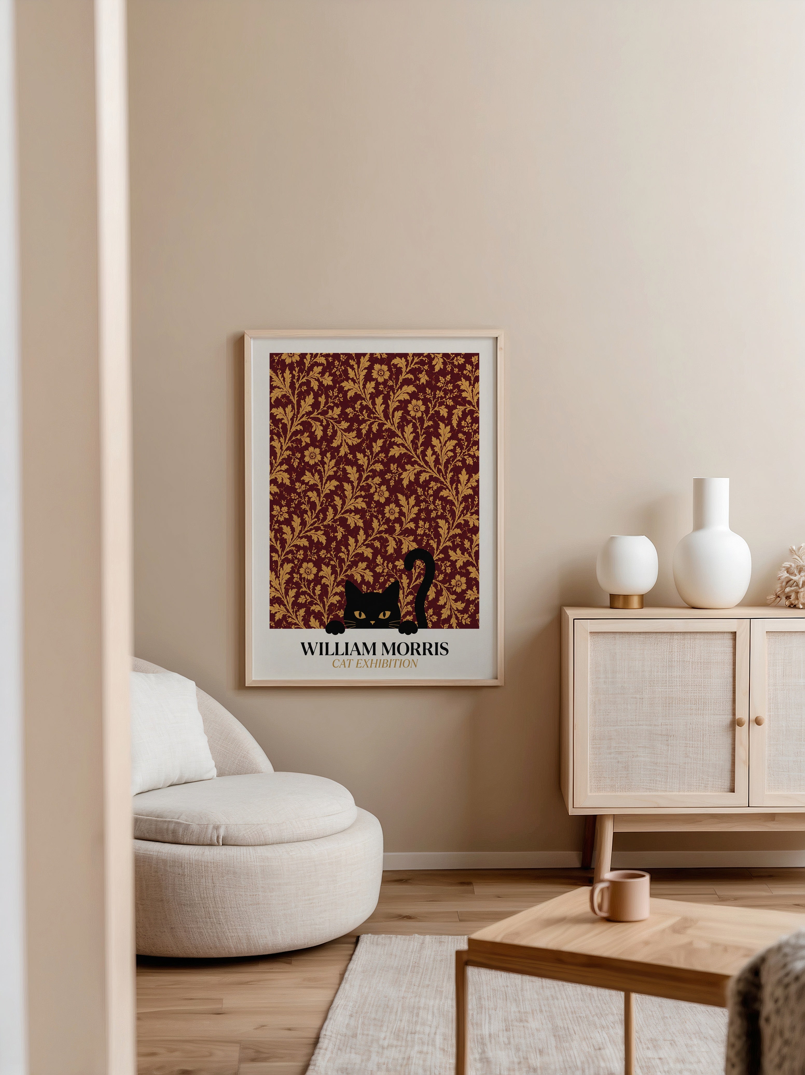 Cat in the Acanthus William Morris Poster – svart katt gömd bland William Morris akantusblad i burgundy och guld