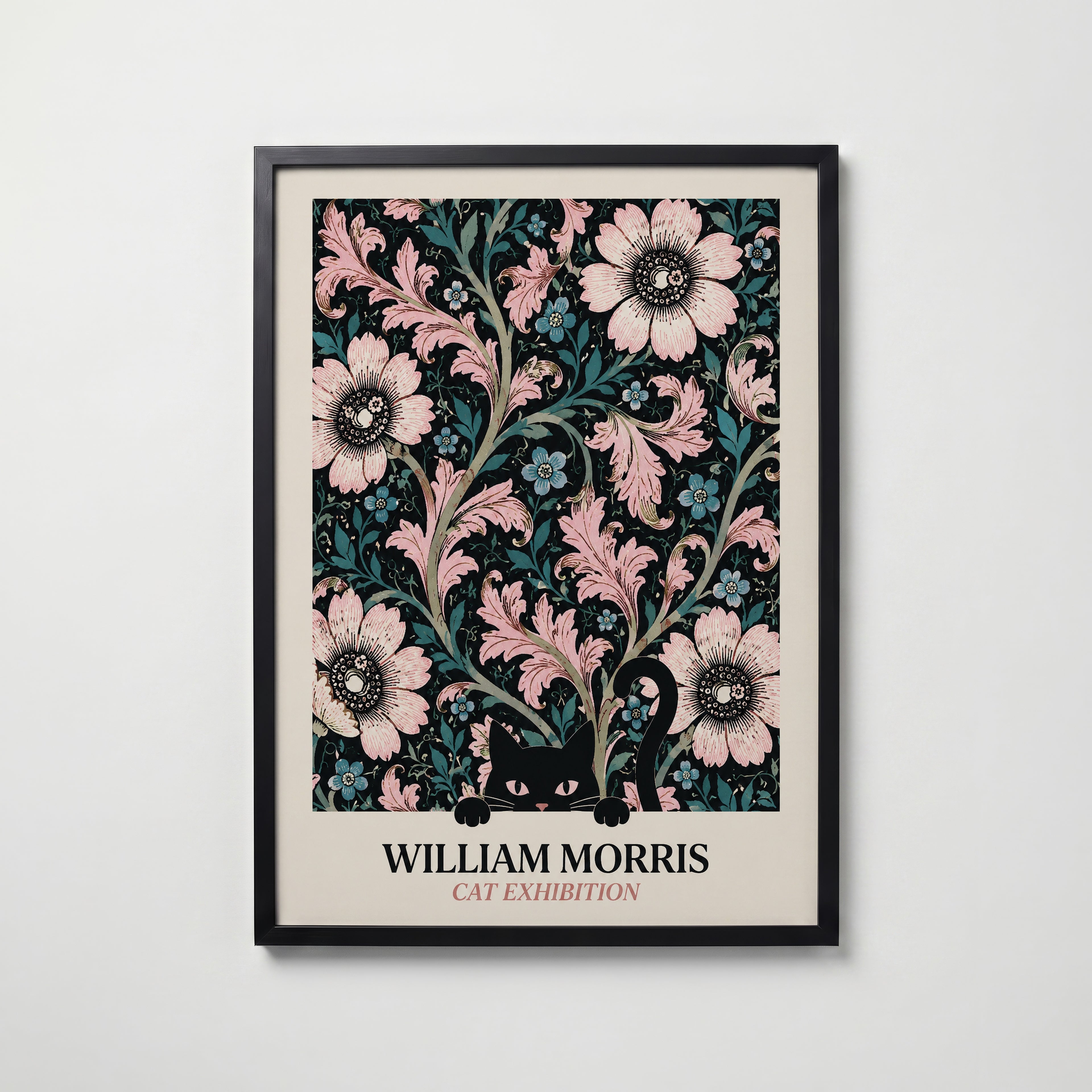 Cat in the Anemone William Morris Poster – svart katt bland William Morris anemonemönster i svart och rosa