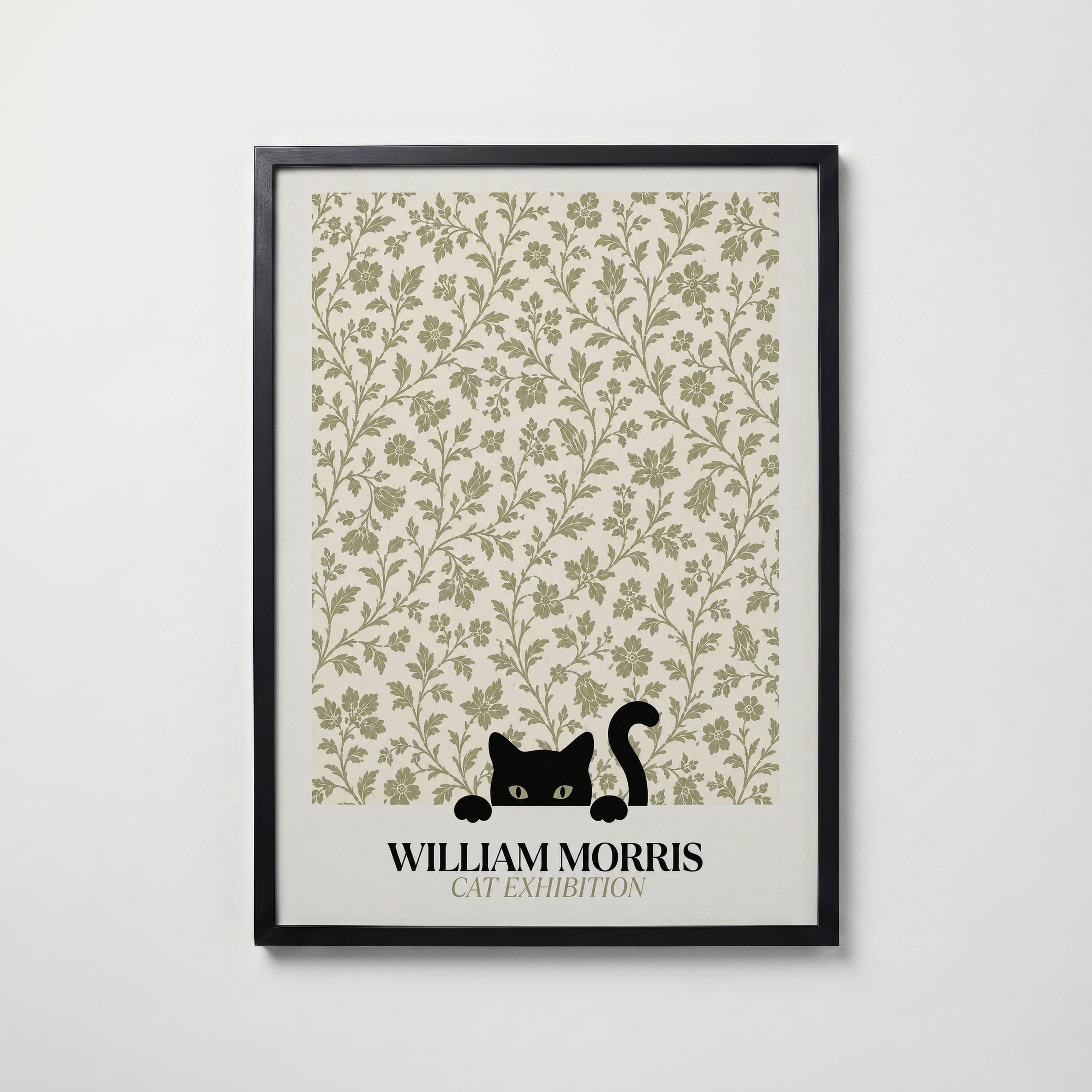 Cat in the Bramble William Morris Poster – svart katt bland William Morris björnbärsmönster i salviagrön