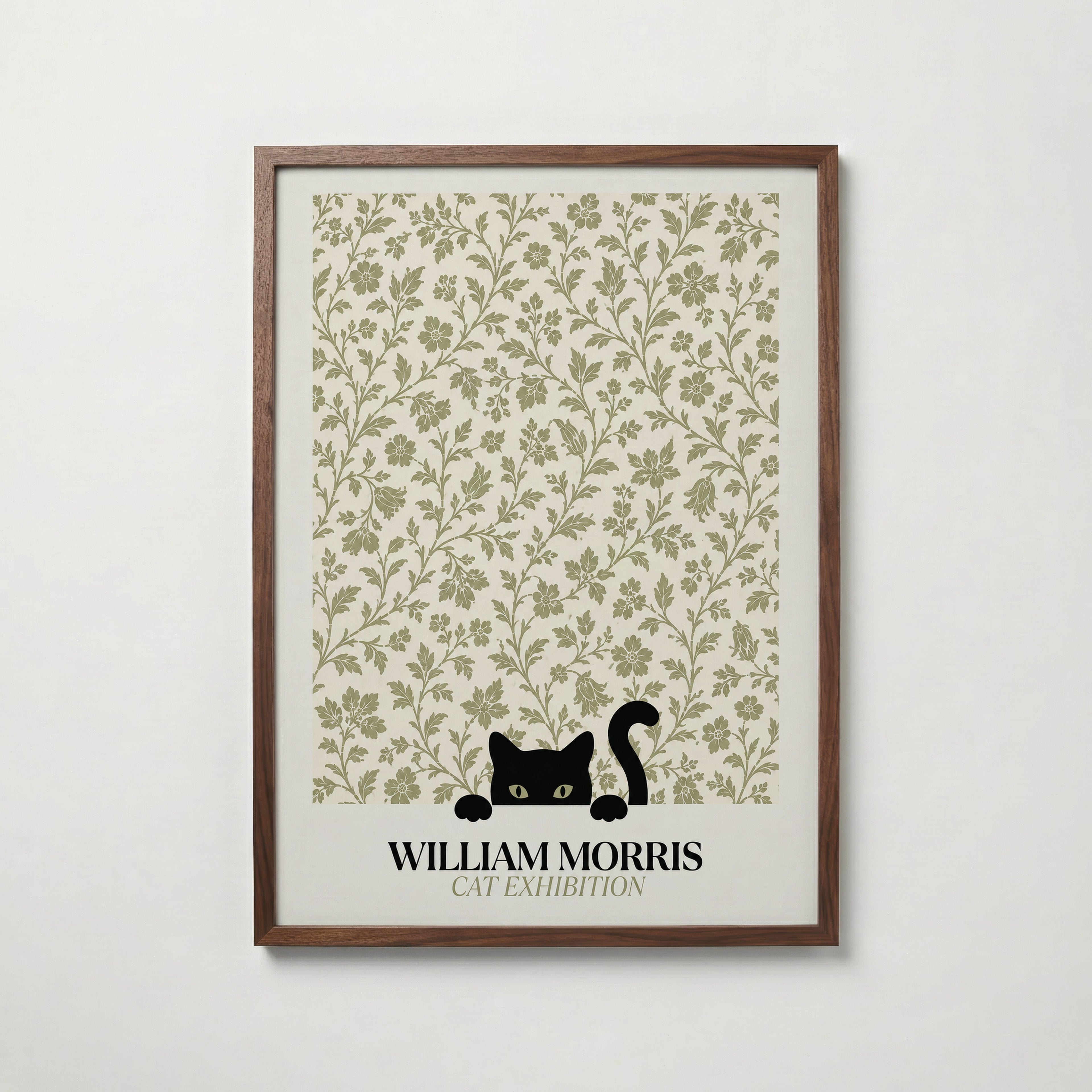 Cat in the Bramble William Morris Poster – svart katt bland William Morris björnbärsmönster i salviagrön