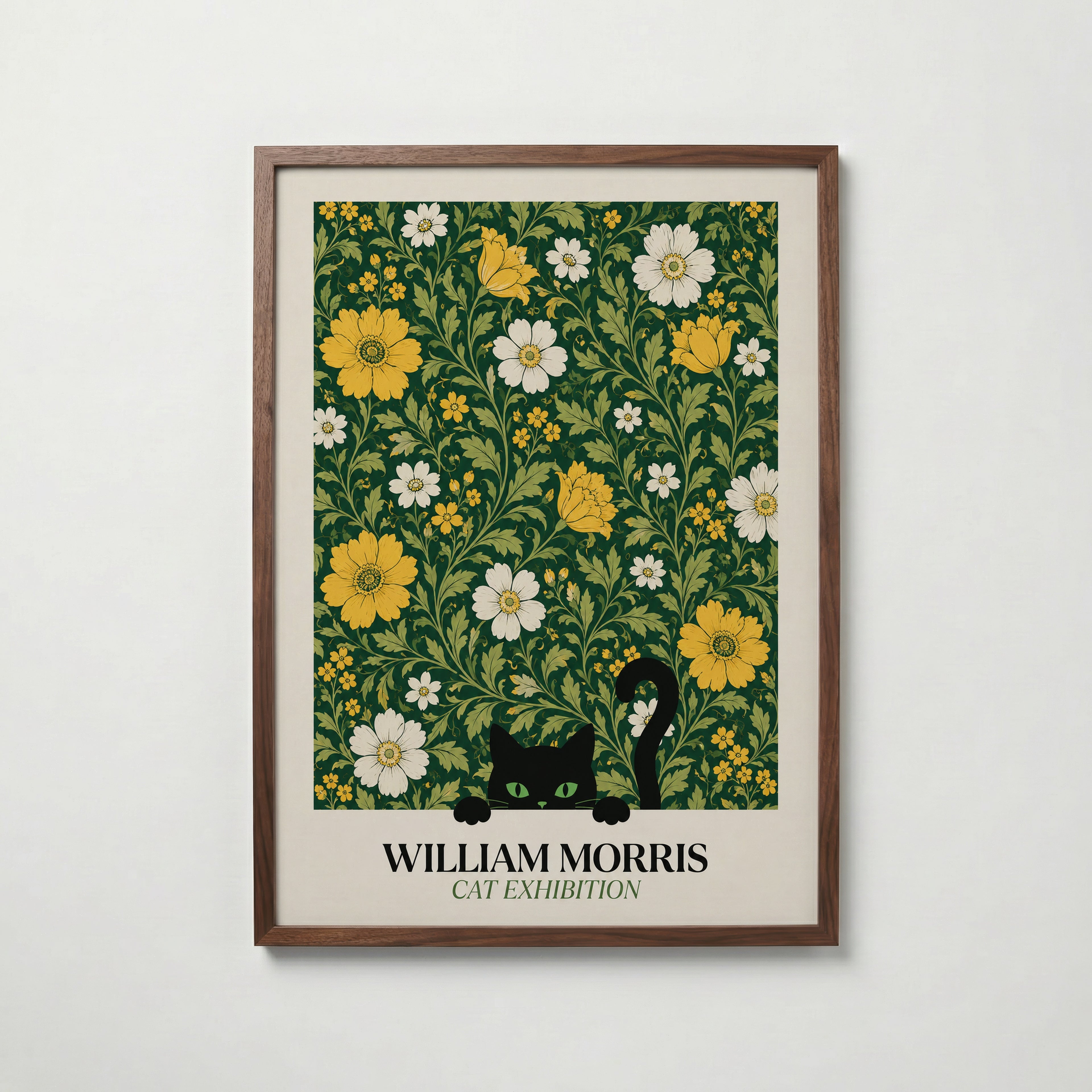 Cat in the Golden Garden William Morris Poster – svart katt i William Morris gyllene trädgård på mörkgrön botten
