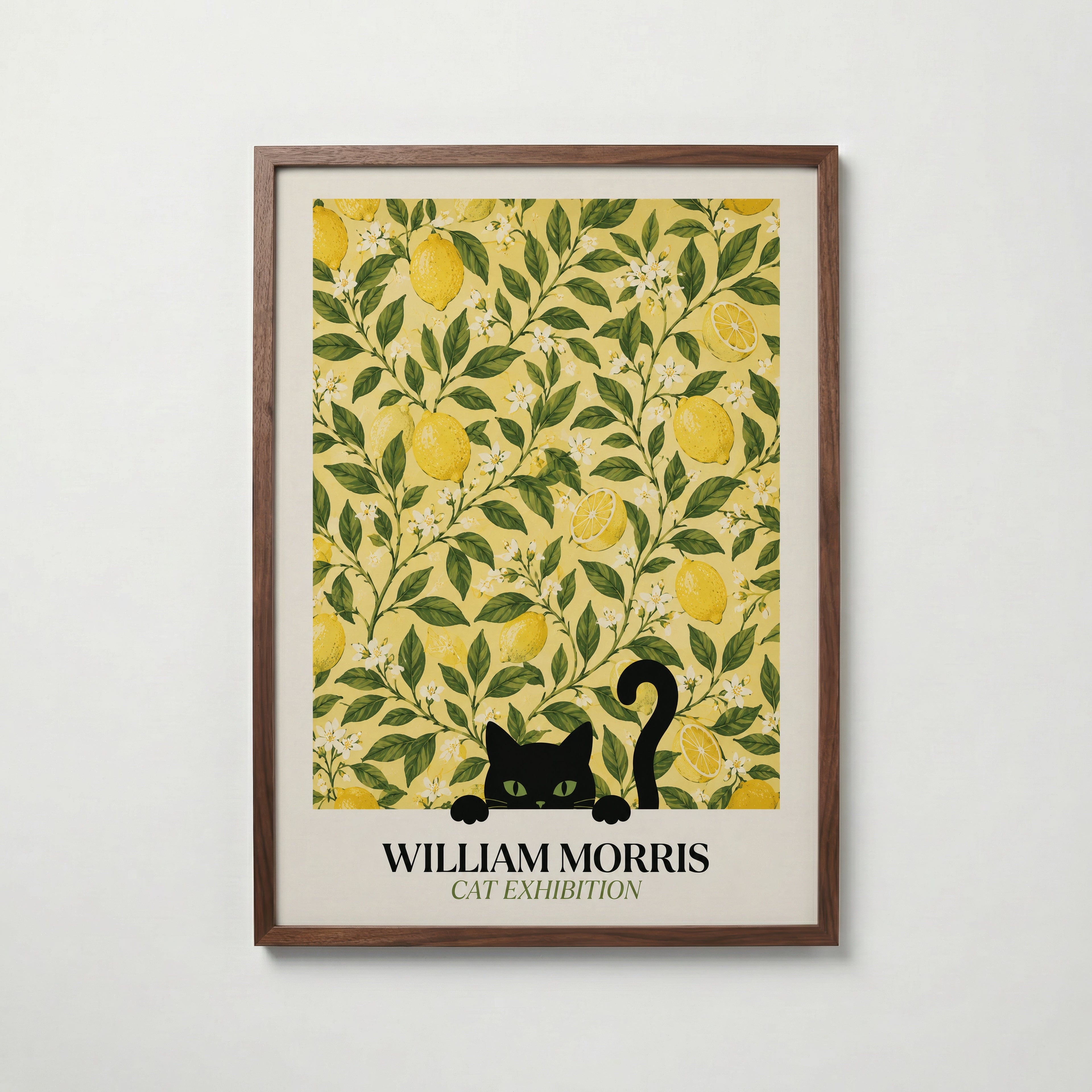Cat in the Lemon Grove William Morris Poster – svart katt bland William Morris citronträdsmönster i gult