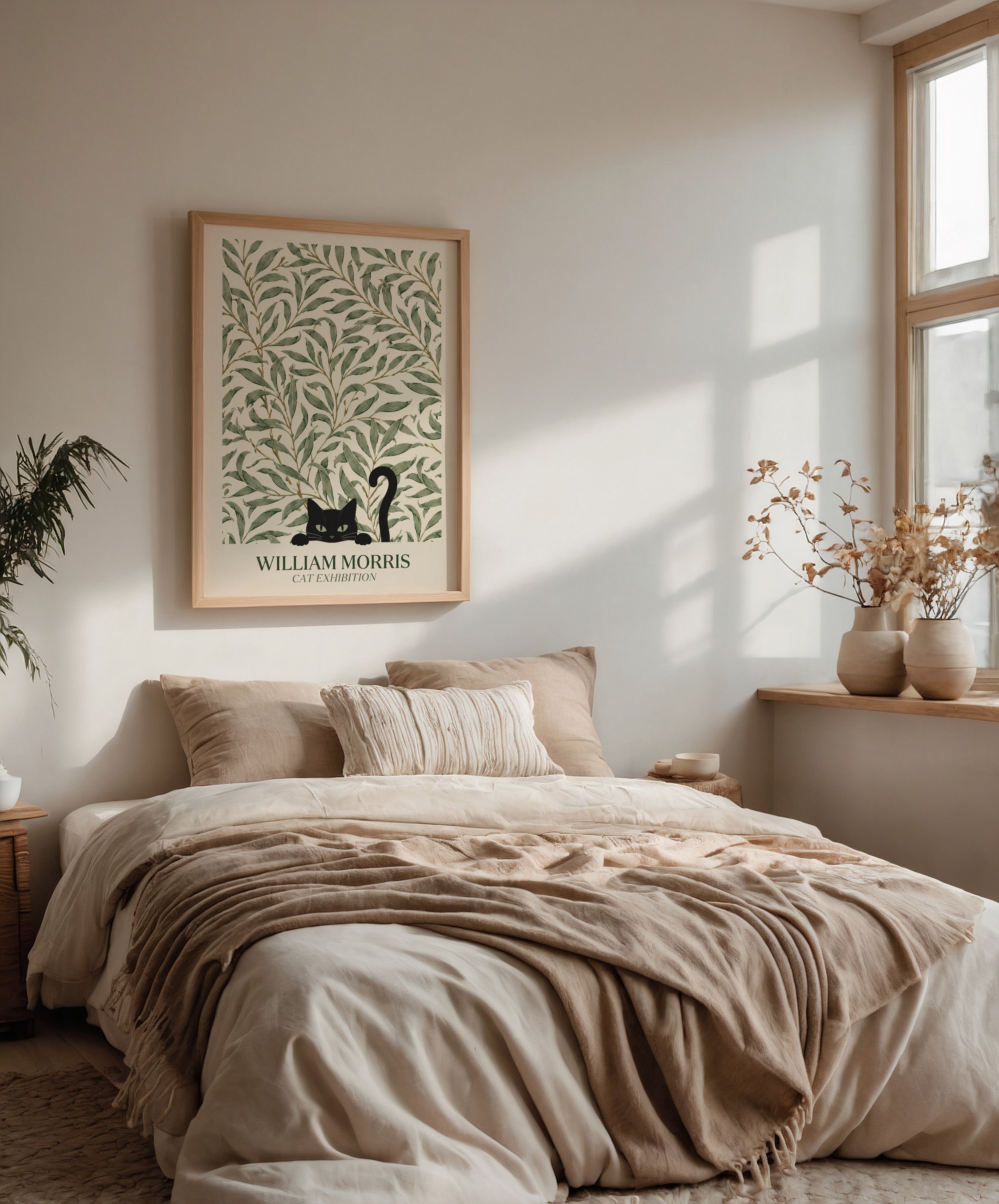 Cat in the Willow Bough William Morris Poster – svart katt i William Morris pilkvistmönster i kräm och grönt