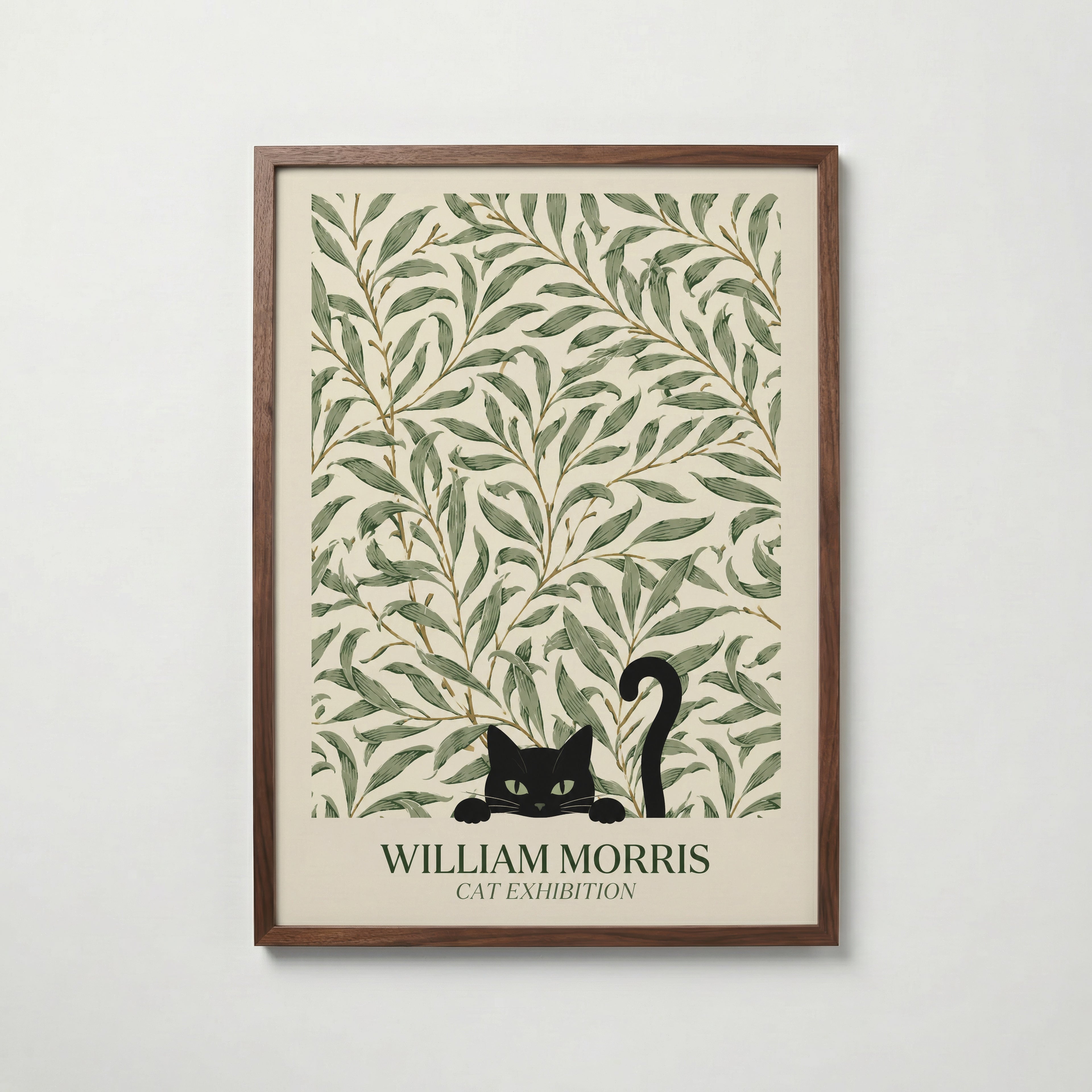 Cat in the Willow Bough William Morris Poster – svart katt i William Morris pilkvistmönster i kräm och grönt