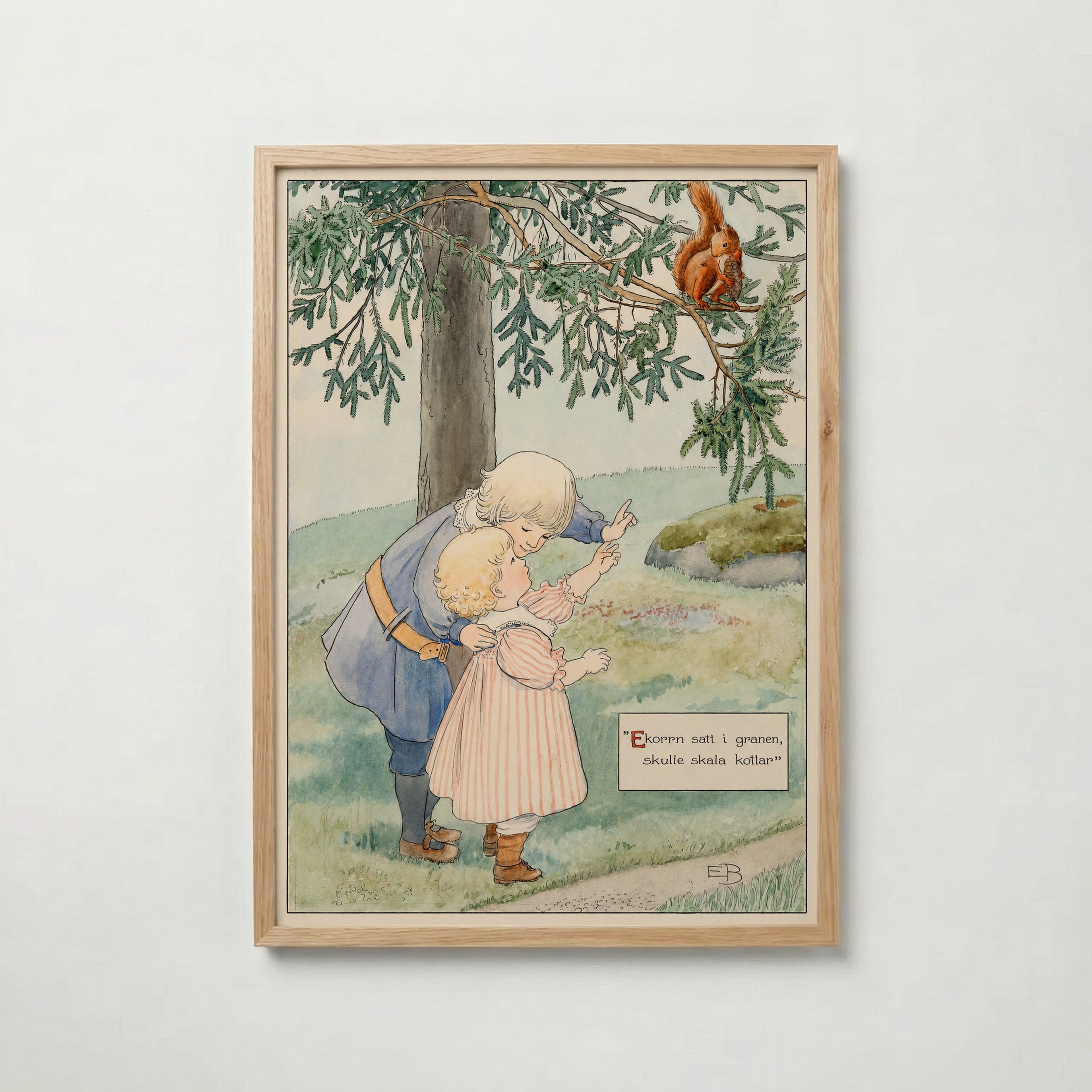 Elsa Beskow Ekorren i Granen affisch i ljus ekram med naturligt träutseende – Bozetto