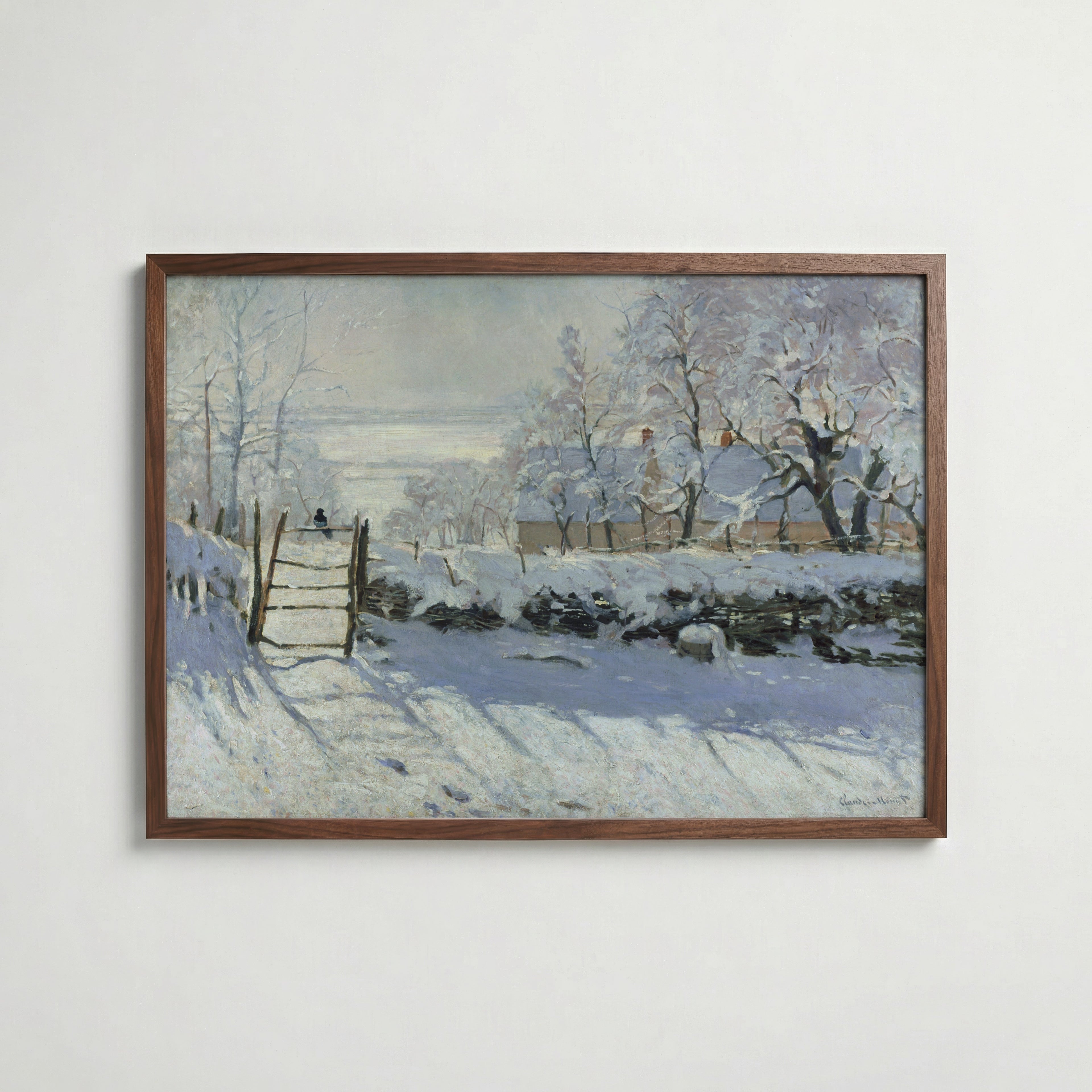 Claude Monet The Magpie affisch i valnötsram – mörkbrun inramning med lyxig känsla, Bozetto
