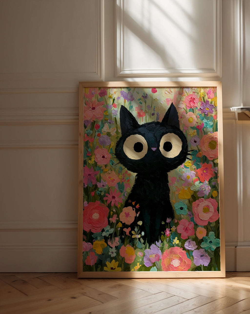 Colorful Cat in Bloom Poster – svart katt i färgsprakande blomhav i ljust vardagsrum, väggkonst från Bozetto