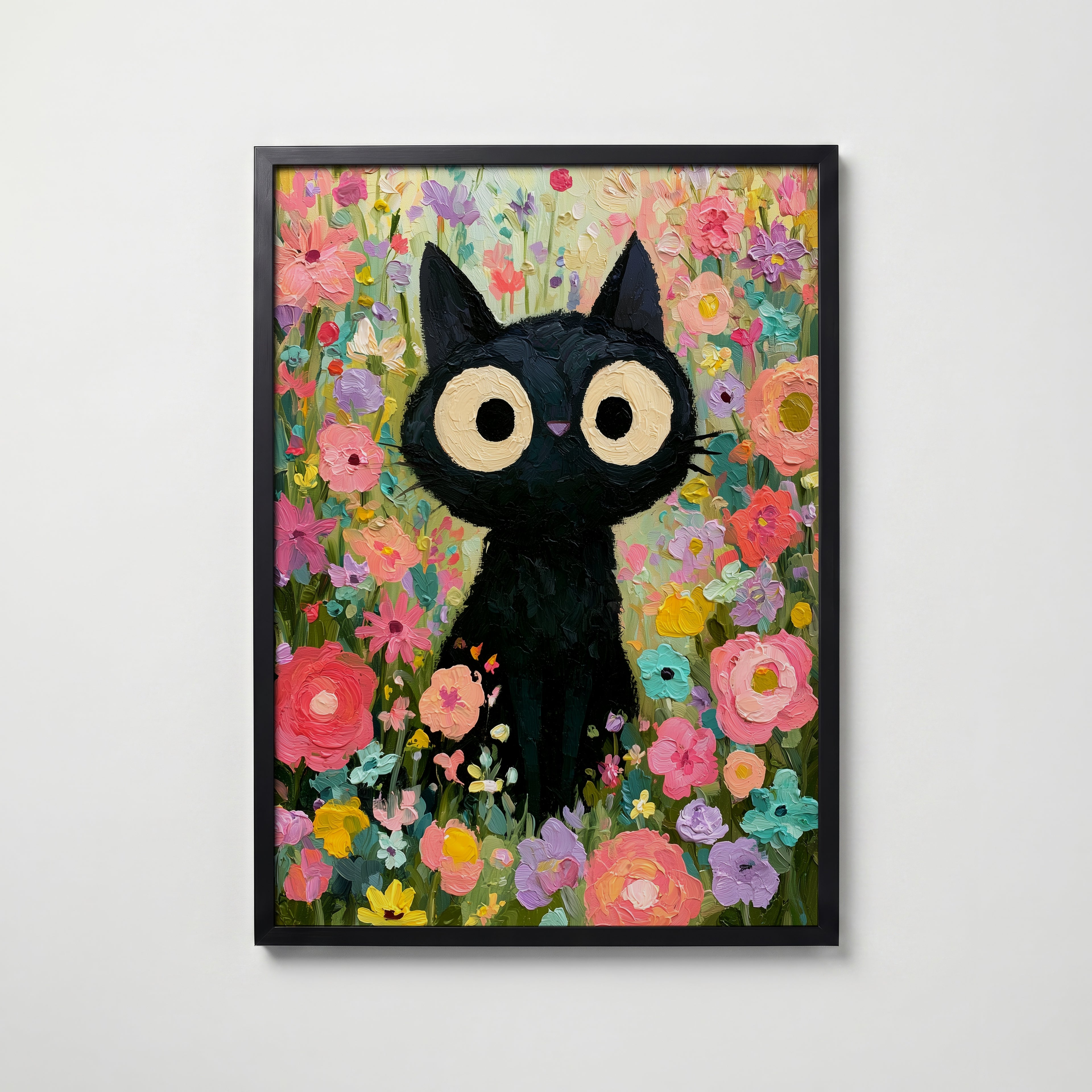 Colorful Cat in Bloom Poster – svart katt i färgsprakande blomhav i svart ram, tryckt i Sverige