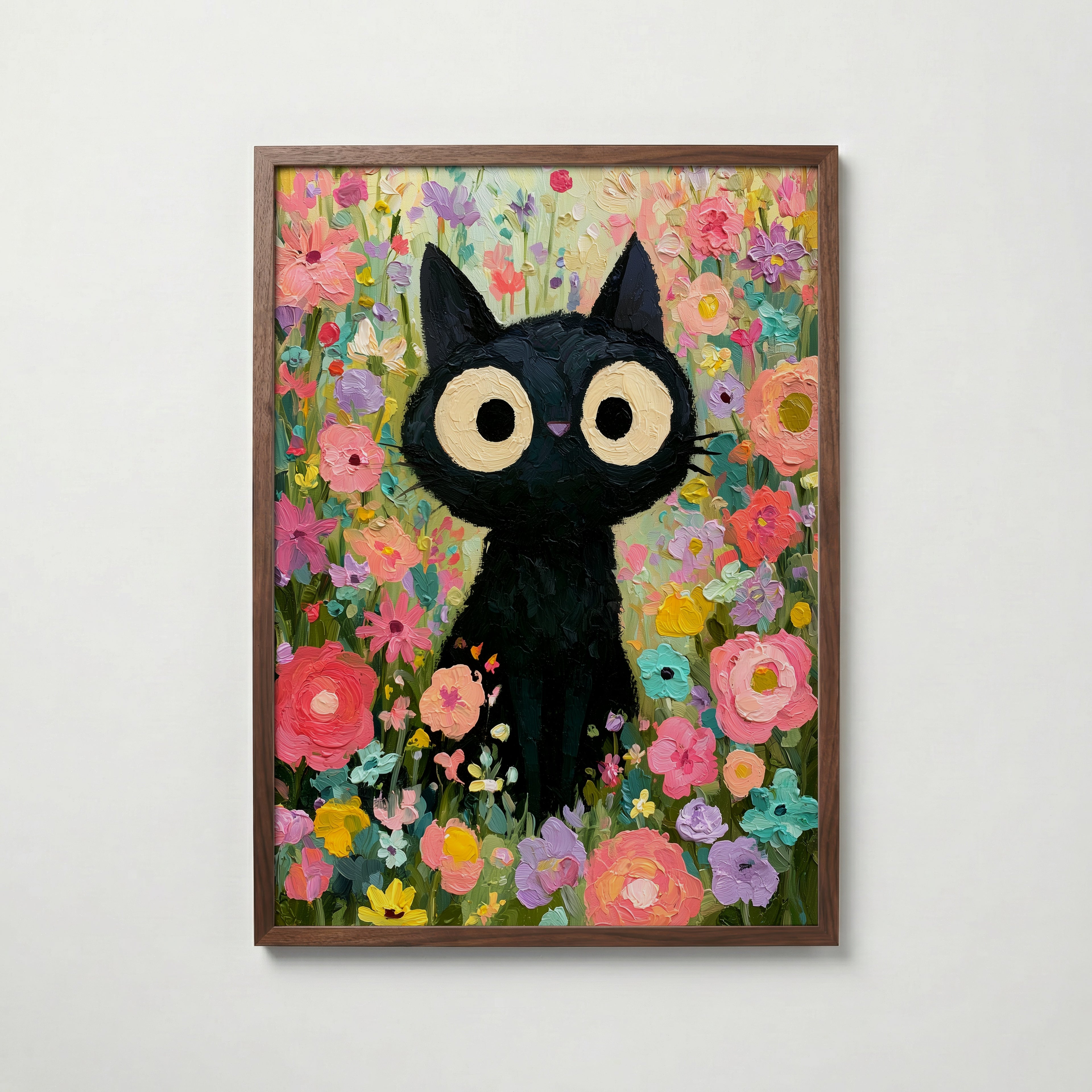 Colorful Cat in Bloom Poster – svart katt i färgsprakande blomhav i valnötsram, konst från Bozetto