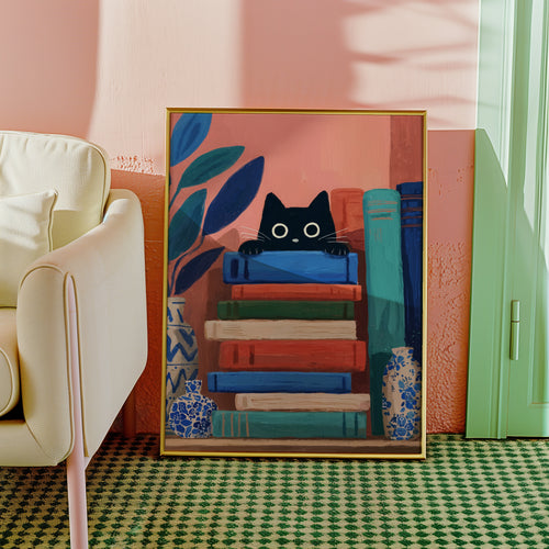 Curious Book Cat affisch i ram på vägg – Bozetto väggkonst i hög kvalitet