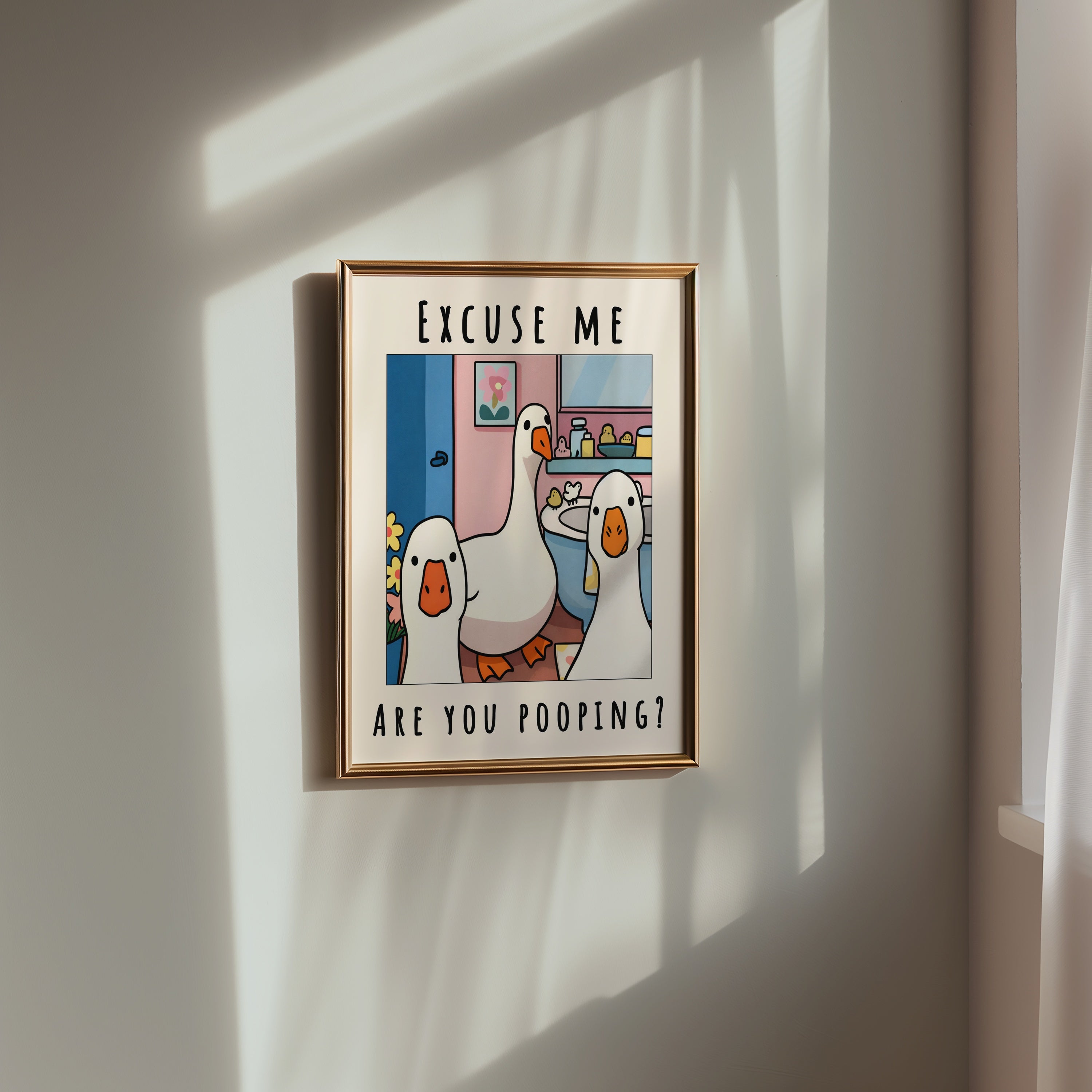 Excuse Me Bathroom Ducks poster i ljust rum utan passepartout, kant till kant motiv, Bozetto