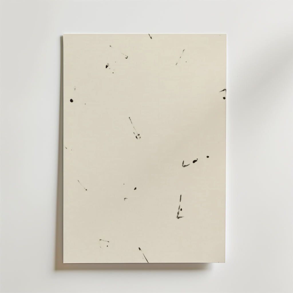 Abstract Beige Poster by Bozetto har en off-white matt finish med subtila svarta bläckmärken och fläckar, fotograferad mot en ljus bakgrund.