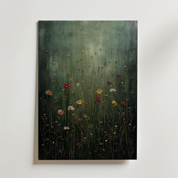 Whispering Meadow Poster – Motivet visar en stillsam äng med vilda blommor som reser sig ur ett djupt grönt