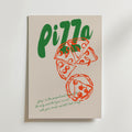 Cheesy Dreams Poster från Bozetto har "Pizza" i feta gröna bokstäver, röda linjer av pizzaslices och en hel pizza samt grön kursiv längst ner - perfekt inredning för alla som älskar god mat eller pizza.