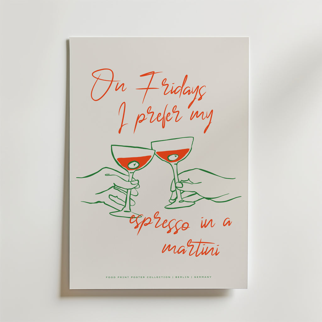 Friday Espresso Martini Poster – Två espresso martinis höjs i en skål, lekfullt tecknade med gröna linjer och rödorange