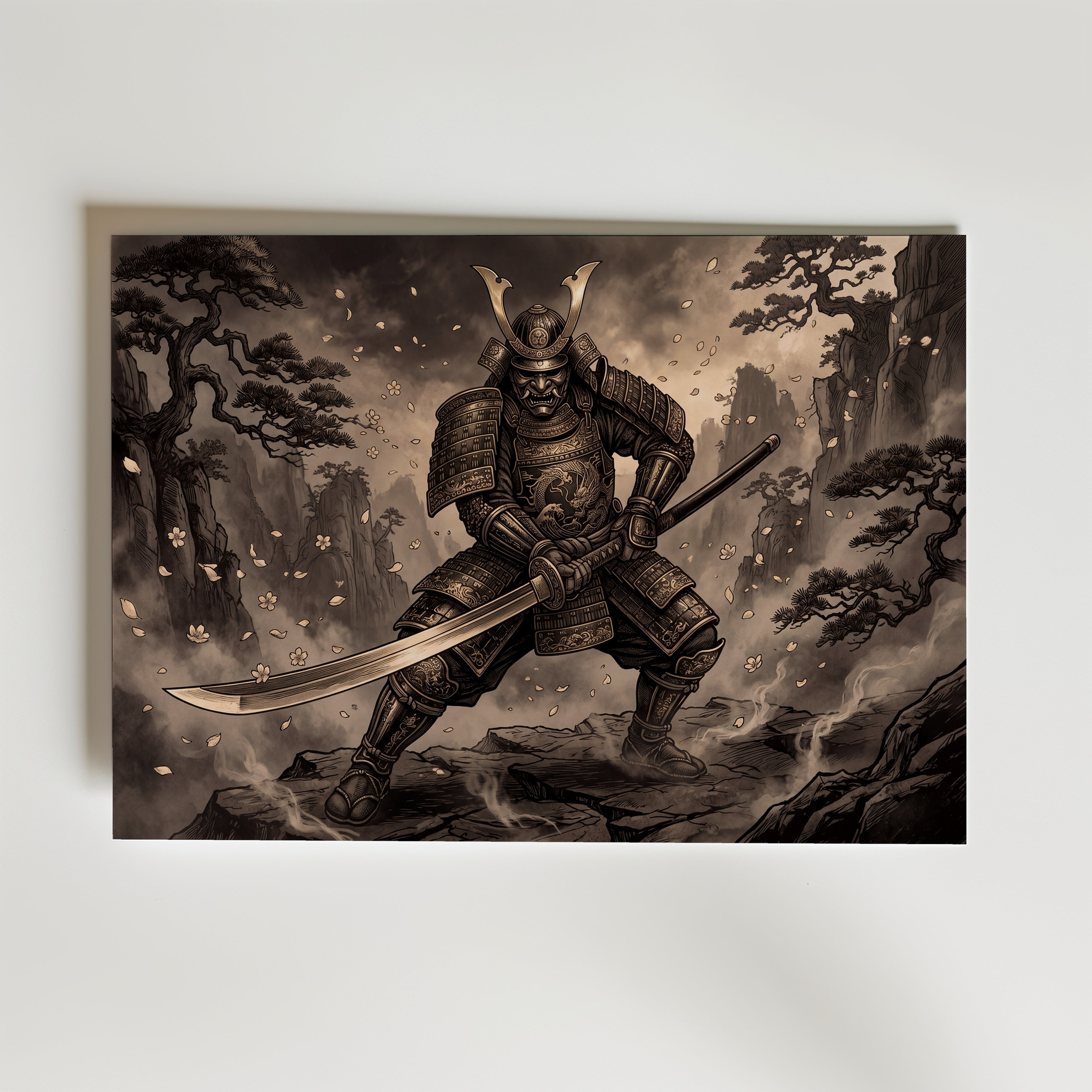 Iron Samurai Poster – samurai i drakskulpterat stalsänkpansar med katana mot klätterträd och dimma