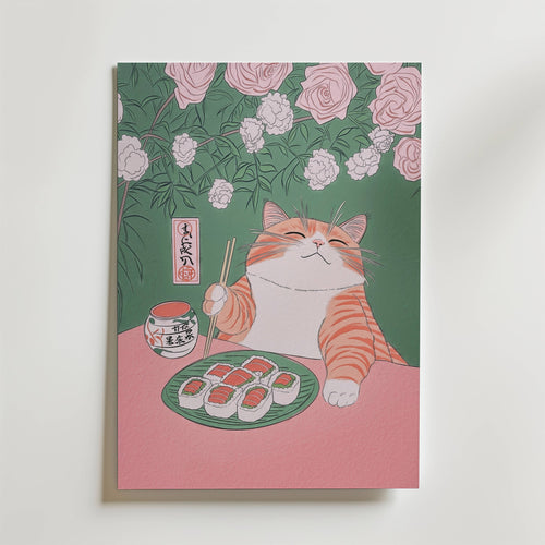 Mockup av Sushi Cat Delight affisch på vägg – köp enkelt hos Bozetto i hög kvalitet
