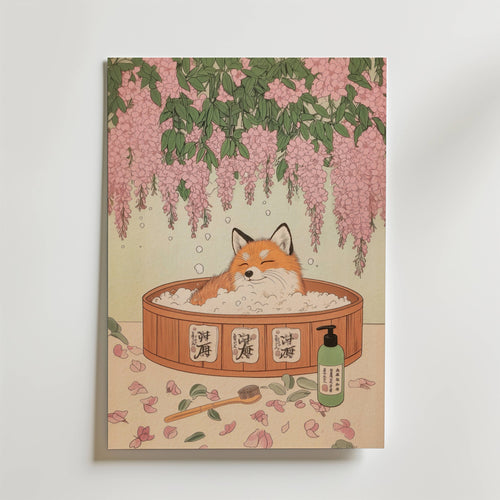 Tranquil Fox Poster – En harmonisk poster med en räv som njuter av ett varmt bad under blommande blåregn.