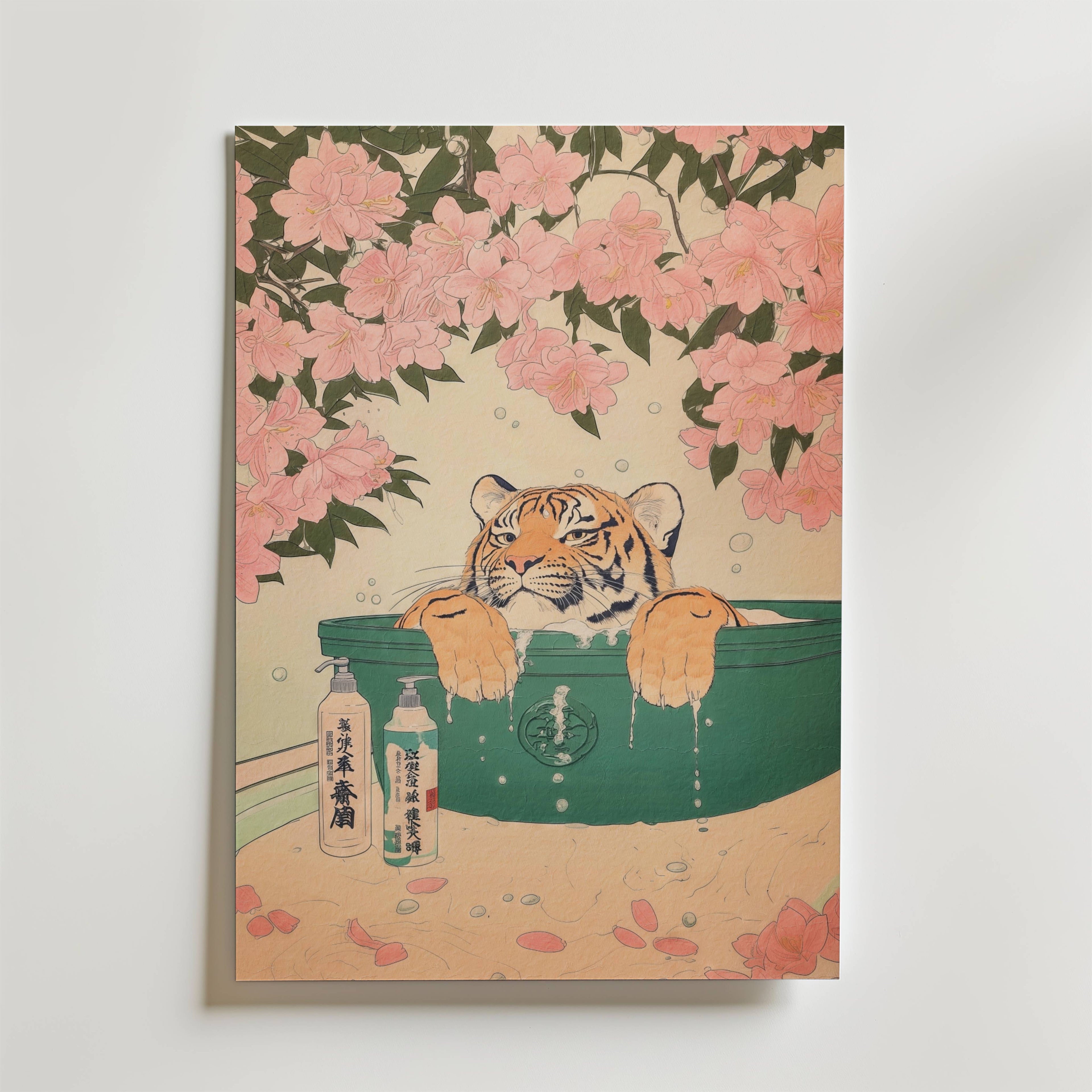 Zen Tiger Poster – En lugn och vacker scen med en tiger som njuter av ett varmt bad under blommande