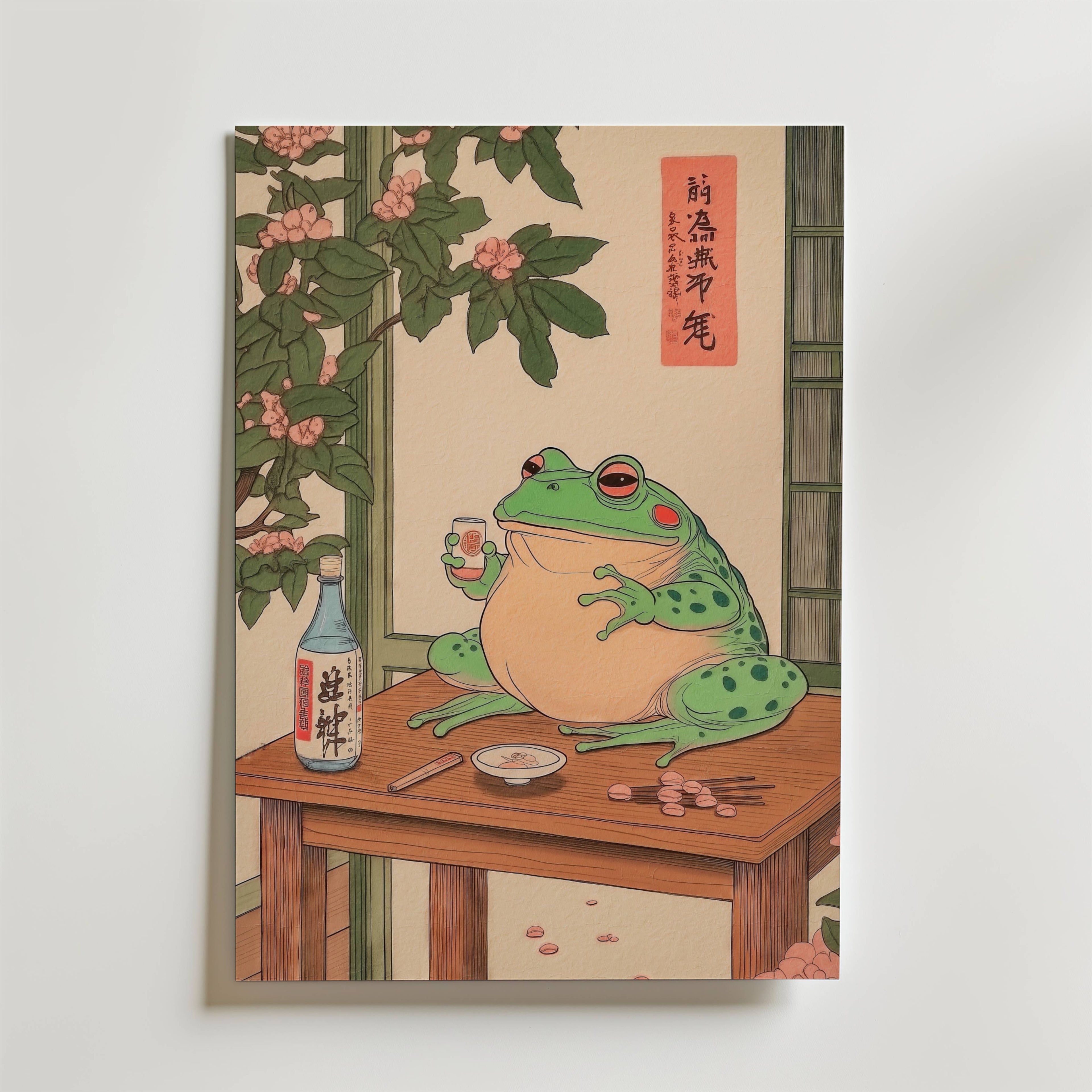 Sake Frog Poster – En nöjd groda njuter av en sake under blommande körsbärsgrenar.