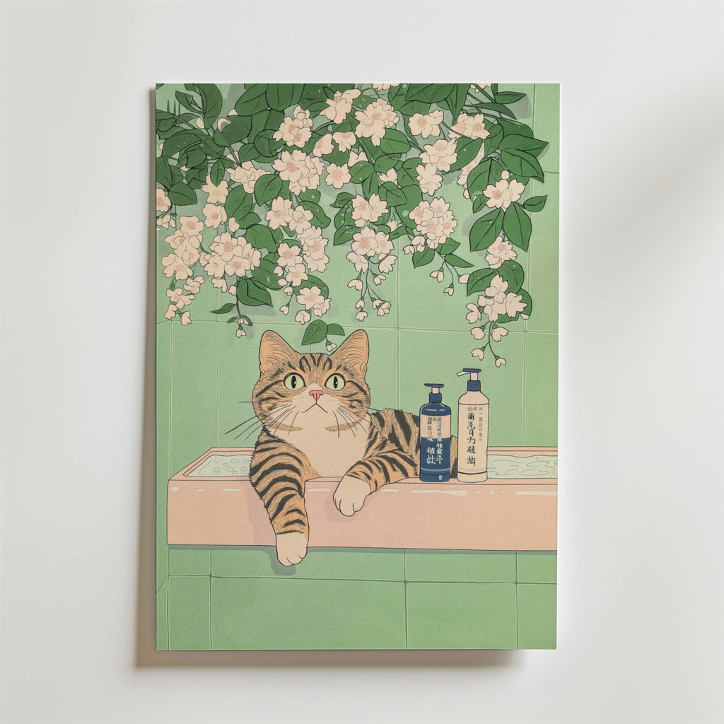 Bath Cat Poster – En avslappnad katt njuter av ett stilla bad under blommande grenar.
