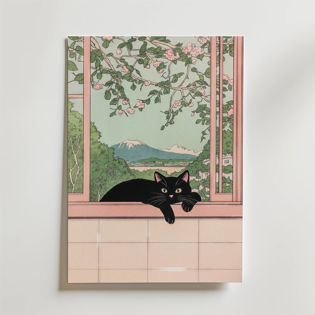 Black Cat View Poster – En svart katt vilar lugnt vid ett öppet fönster med utsikt över blommande grenar och