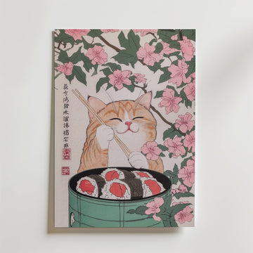 Mockup av Sakura Sushi Cat affisch på vägg – köp enkelt hos Bozetto i hög kvalitet