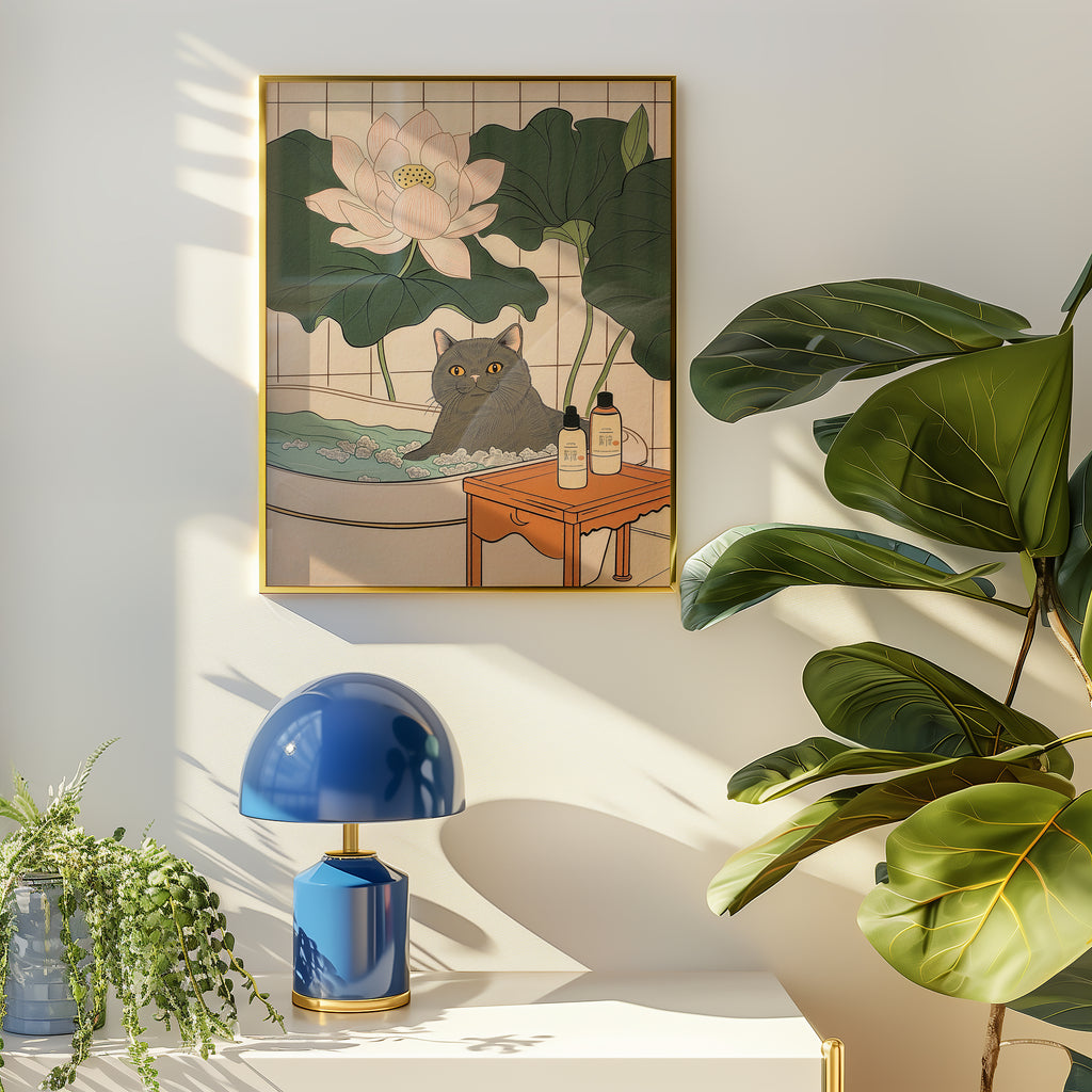 Väggmockup av Lotus Bath Cat affisch på ljus tegelvägg – Bozetto konsttryck i hög tryckkvalitet