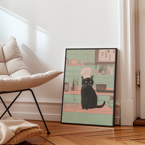 Chef Cat poster visualiserad på vägg – se rätt storlek med mockup från Bozetto i hög tryckkvalitet