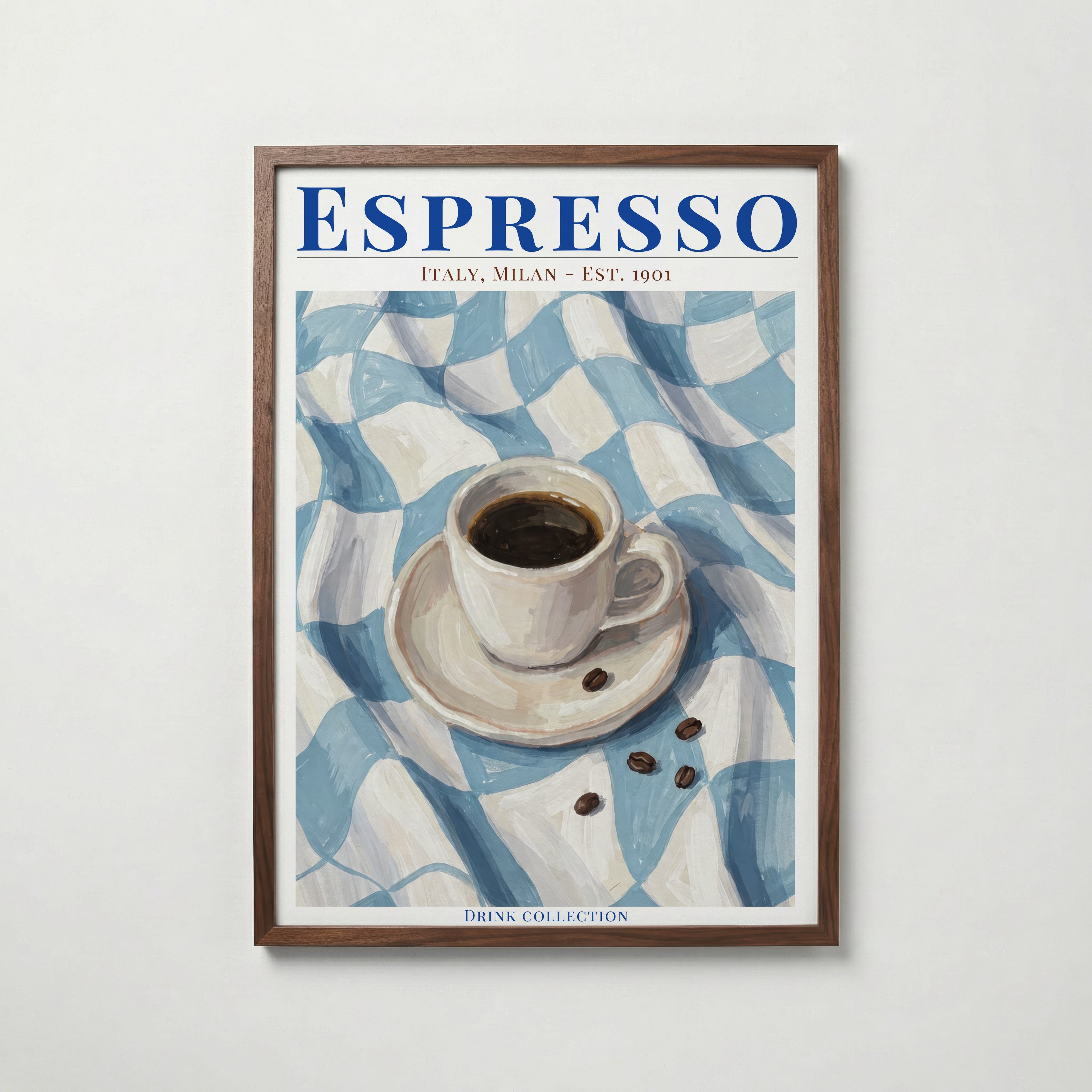 Espresso konsttryck på vit bakgrund – elegant Bozetto affisch för hemmet i hög tryckkvalitet
