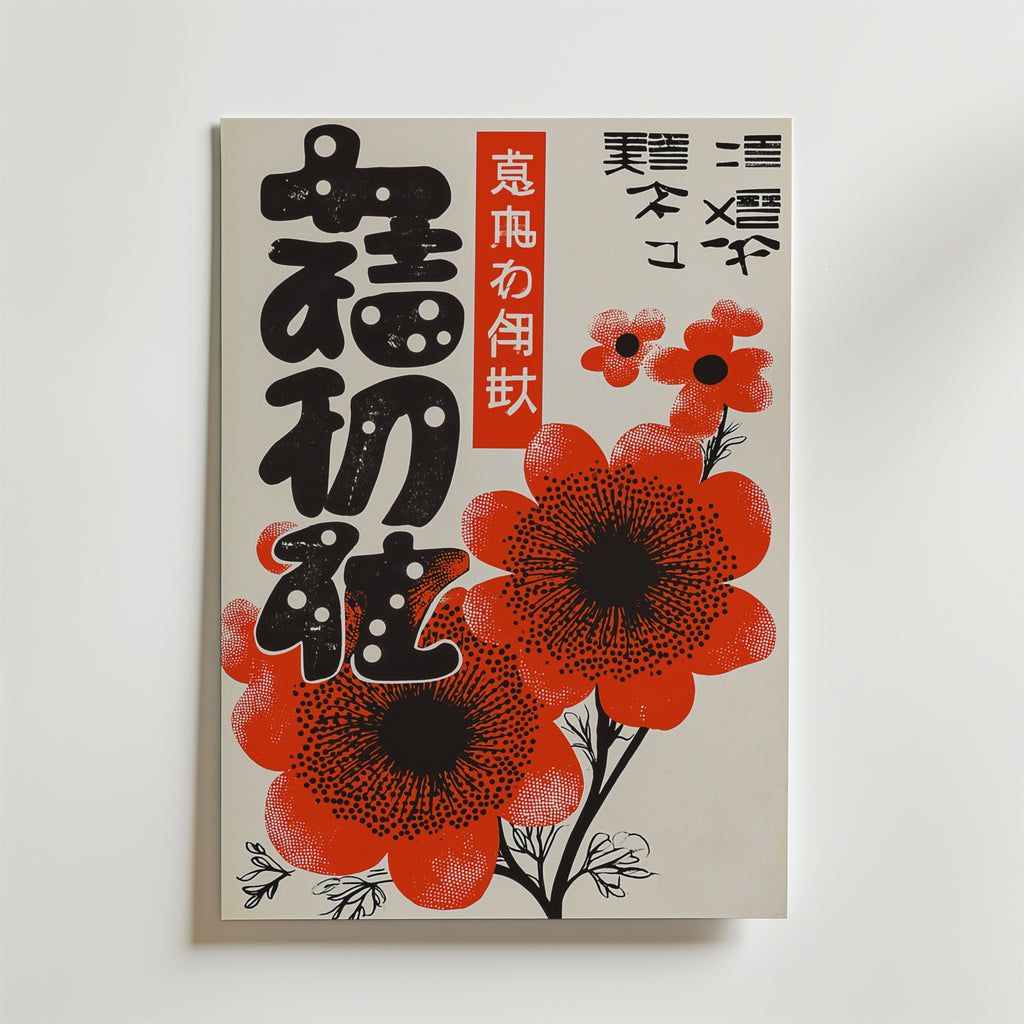 Fleeting Spring Poster från Bozetto har djärv svart japansk kalligrafi, röd vertikal text och levande röda blommor med svart mitt på en vit bakgrund - en minimalistisk design som passar perfekt för fans av naturinspirerad konst.