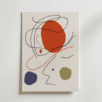 Orbit of a Mind Poster" från Bozetto visar en stor röd cirkel, blå och gröna prickar och abstrakta svarta linjer på vitt - en perfekt modern väggkonst för den som älskar abstrakt konst.