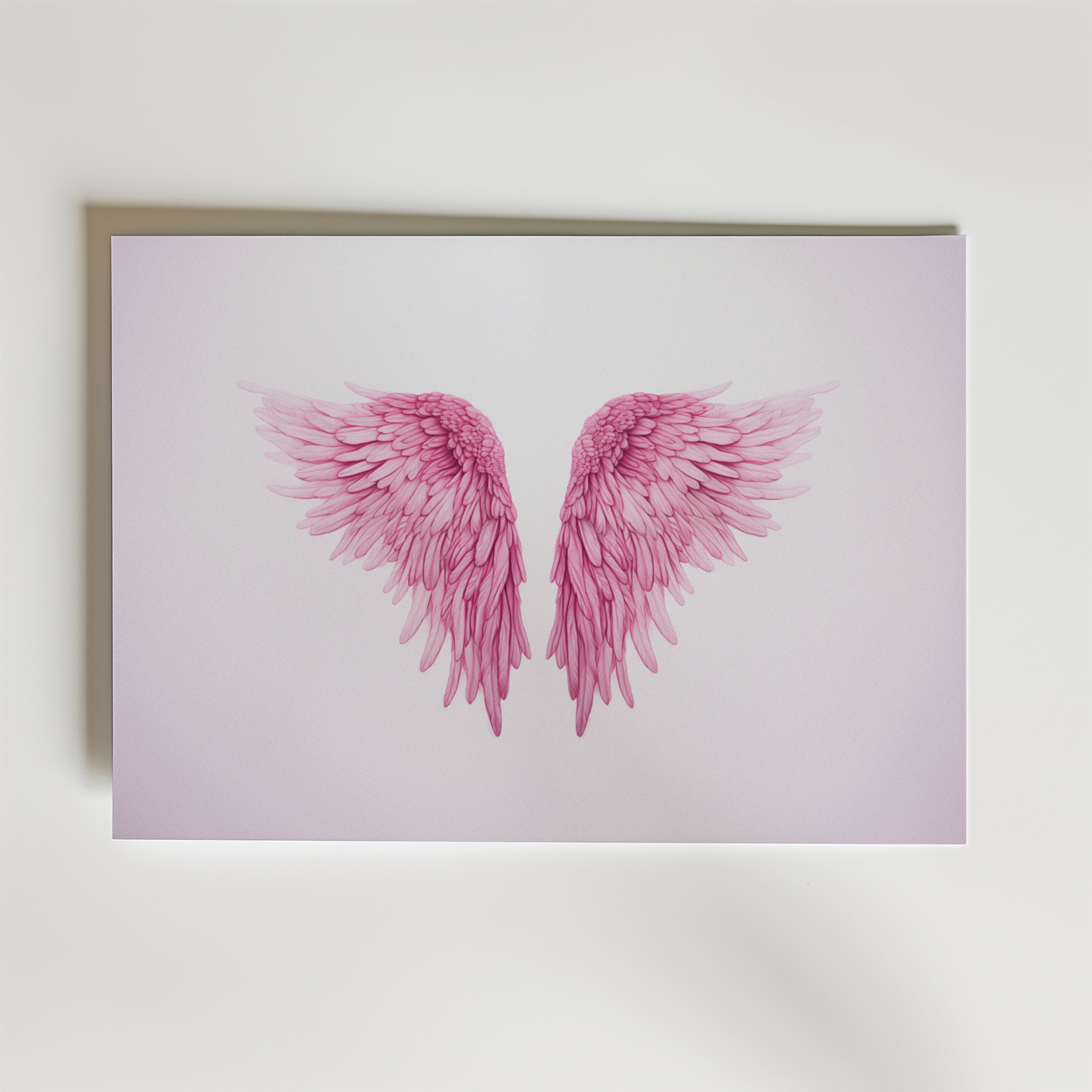 Bozetto's Soft Flight Poster visar ett konstverk av två rosa vingar med detaljerade fjädrar centrerade på vitt papper. Vingarna har fina mönster och en mjuk, rosa toning.