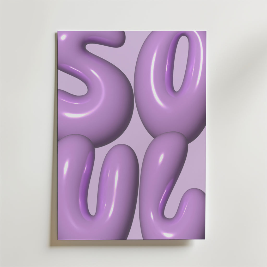 Purple Soul Poster by Bozetto har blanka, ljuslila bubbelbokstäver på en ljus bakgrund - perfekt som modern väggkonst och en drömsk accent för lila inredning.