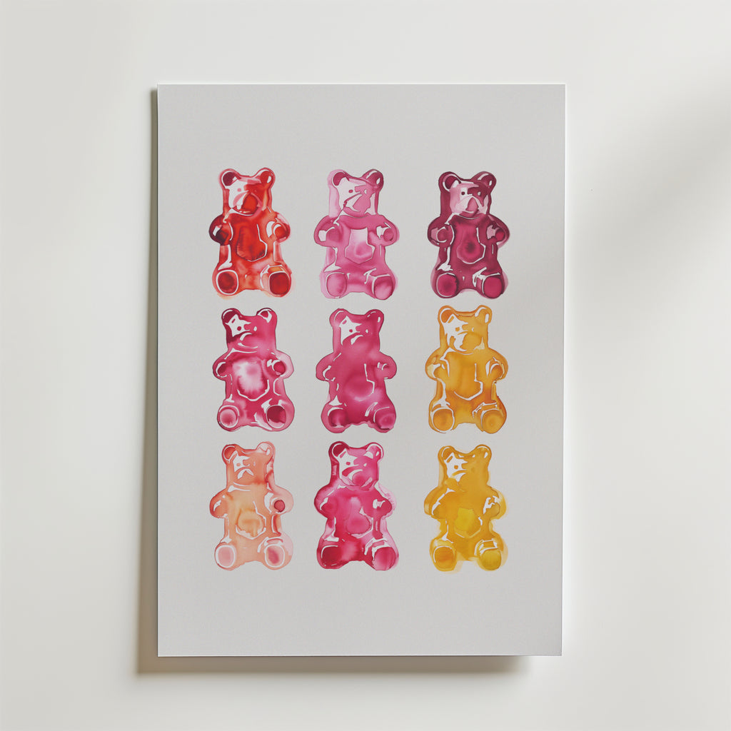 Bozetto Gummy Bear Grid Poster visar nio färgglada gummibjörnar i ett 3x3 rutnät på en vit bakgrund, med livfulla röda, rosa, lila och gula nyanser för en slående minimalistisk väggdekor.