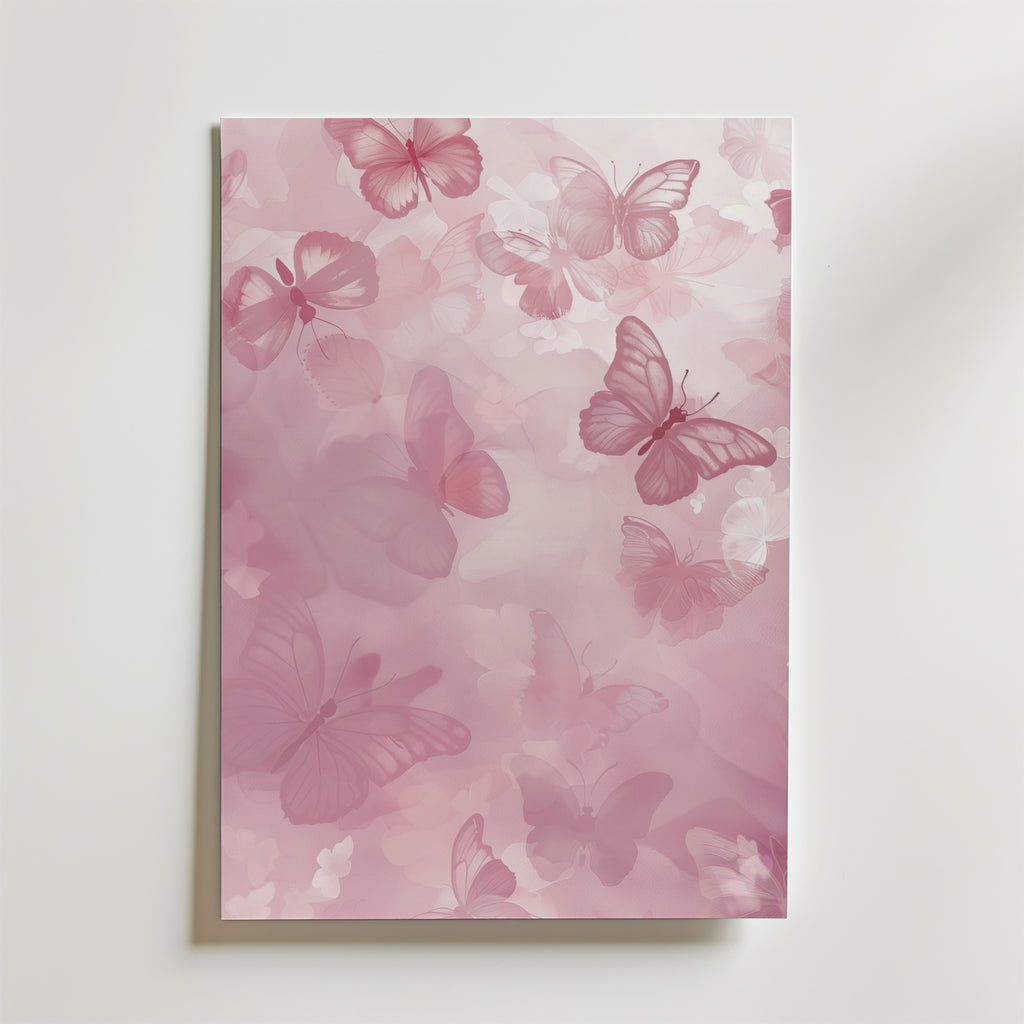 Pink Flutter Dream Poster by Bozetto har rosa fjärilar och blommönster på en ljusrosa bakgrund, perfekt för att skapa ett feminint rum med en mjuk, drömlik känsla.