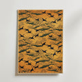 Saffron Cranes Poster – tranor i formation mot saffransgul himmel med moln