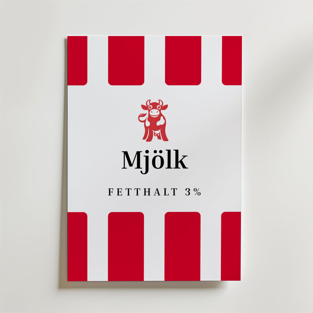 Scandinavian Mjölk Red Label Poster – En grafisk och lekfull poster inspirerad av klassisk nordisk mjölkförpackningsdesign.