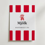 Scandinavian Mjölk Red Label Poster – En grafisk och lekfull poster inspirerad av klassisk nordisk mjölkförpackningsdesign.