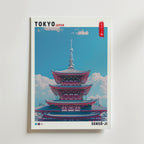 The Sky Above Sensō-ji Poster by Bozetto visar Tokyos ikoniska Sensō-ji tempel under en klarblå himmel, med "TOKYO JAPAN" och "SENSO-JI" på motivet, som fångar essensen av japansk kultur.